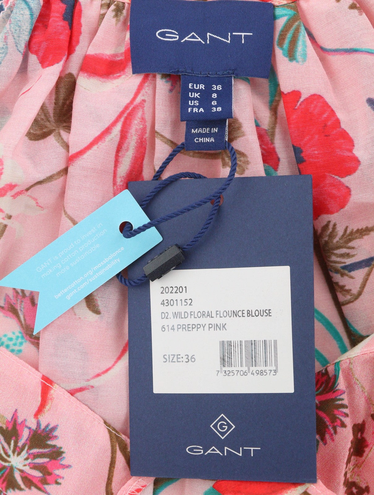 GANT Wild Floral Flounce Women Blouse EU36 Preppy Pink 3/4 Balloon Sleeves