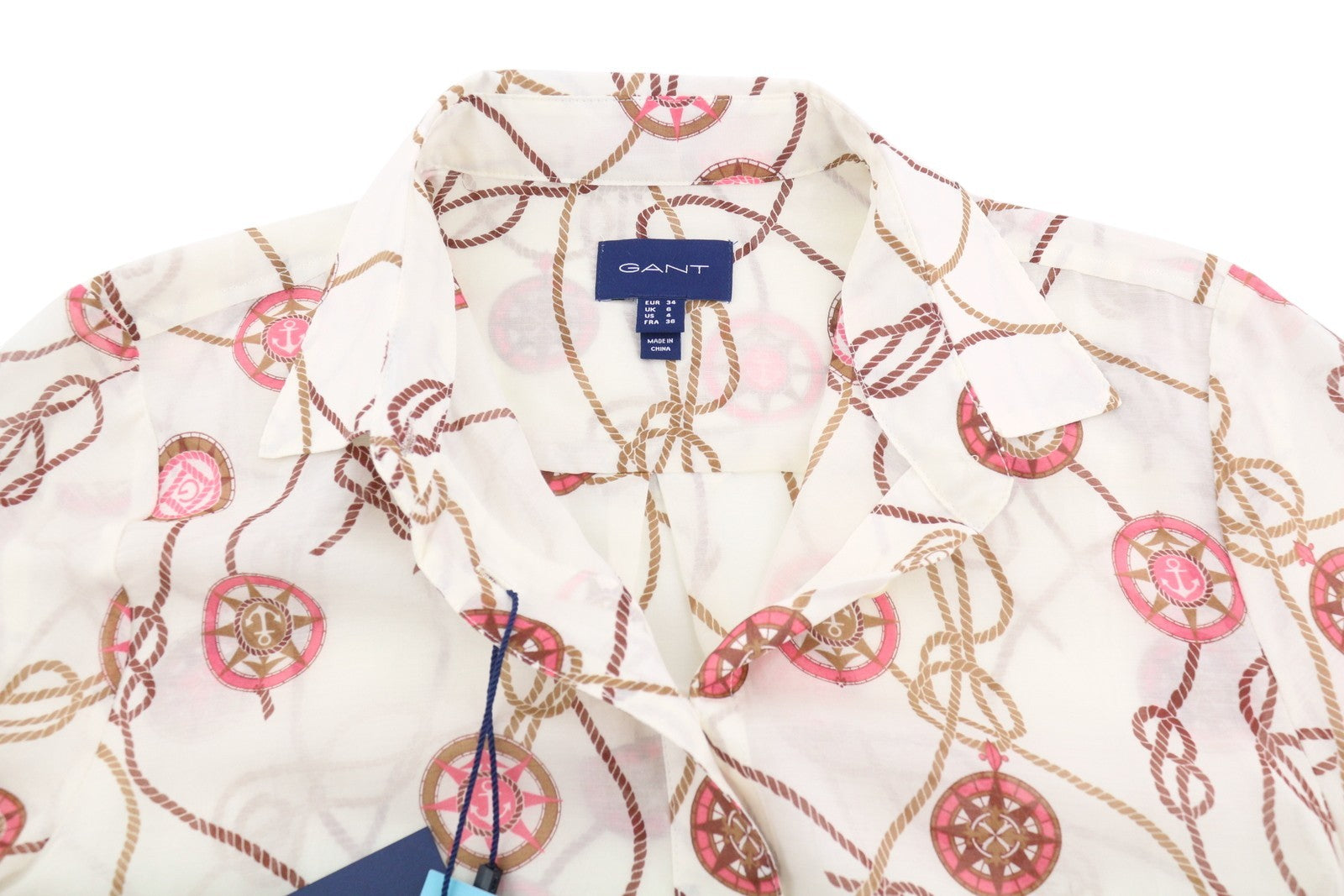 GANT Sailing Print Cot Silk Women Shirt EU34 Caulk White Transparent Button-up