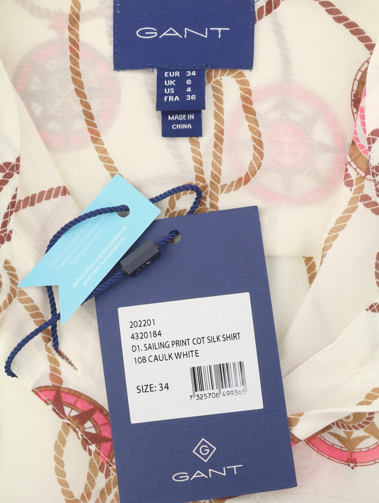 GANT Sailing Print Cot Silk Women Shirt EU34 Caulk White Transparent Button-up