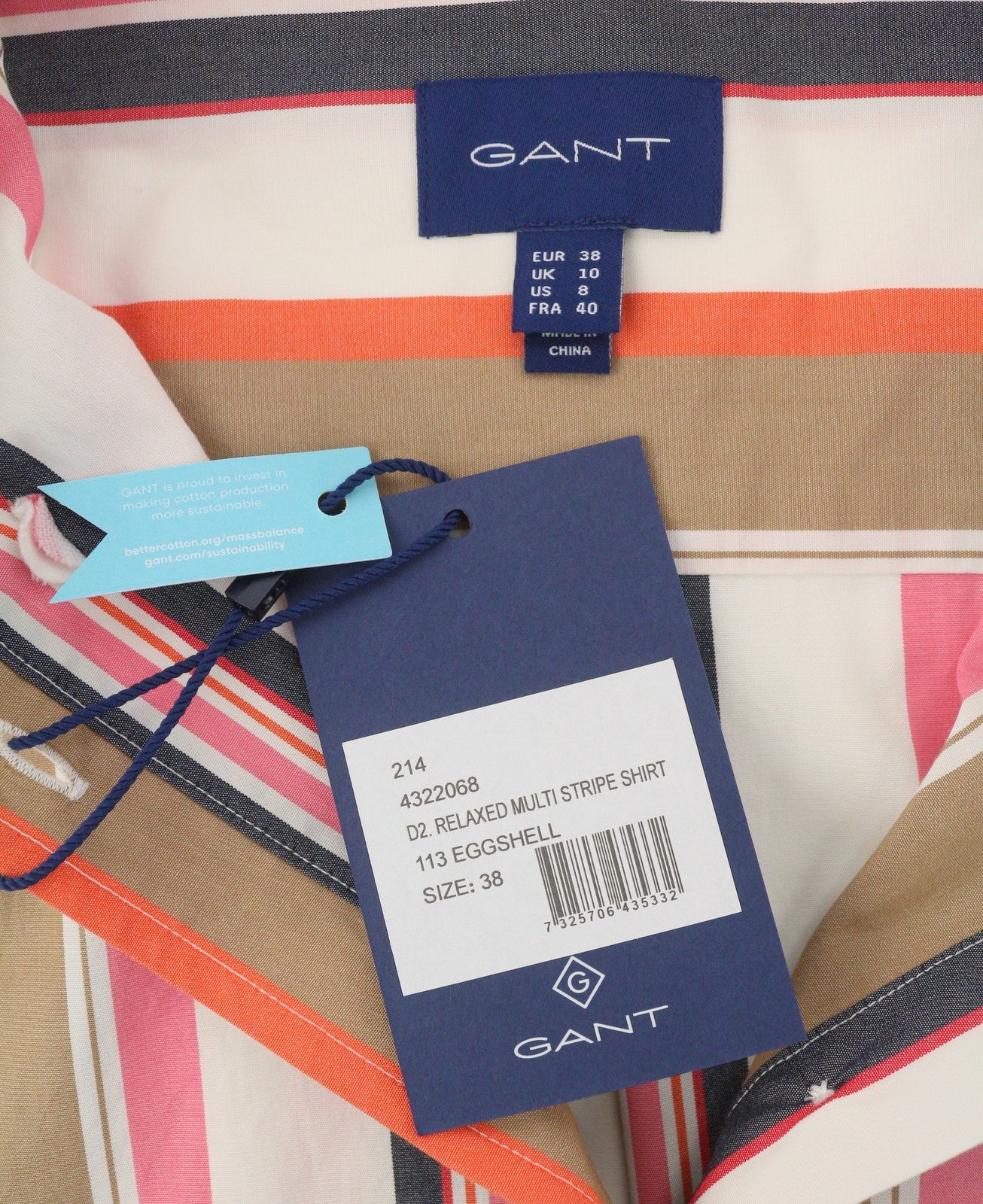 GANT Relaxed Multi Stripe Women Shirt EU38 Eggshell Button Patch Pocket Casual