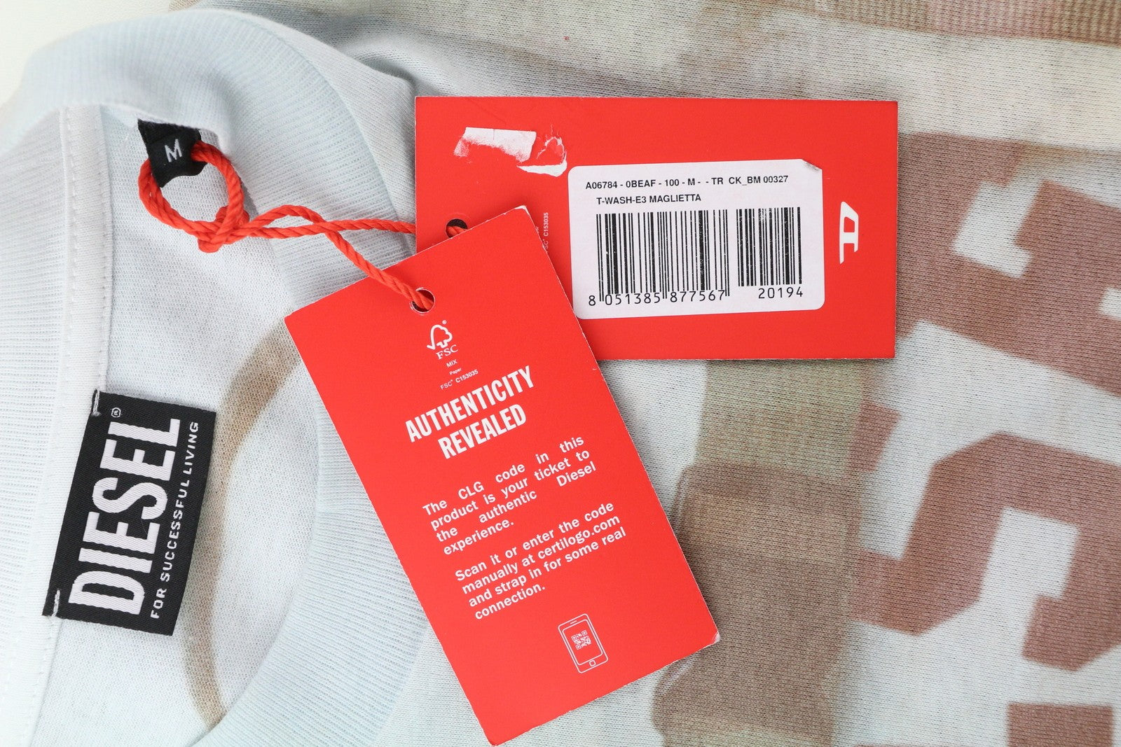 DIESEL T-Wash-E3 Men's T-Shirt M White Crew Collar Stretch Tricot RRP175