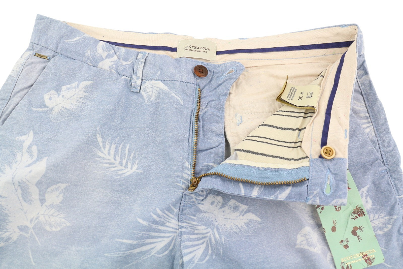 SCOTCH & SODA Men's Shorts W30 Blue Washed Chino Leaf Print Logo