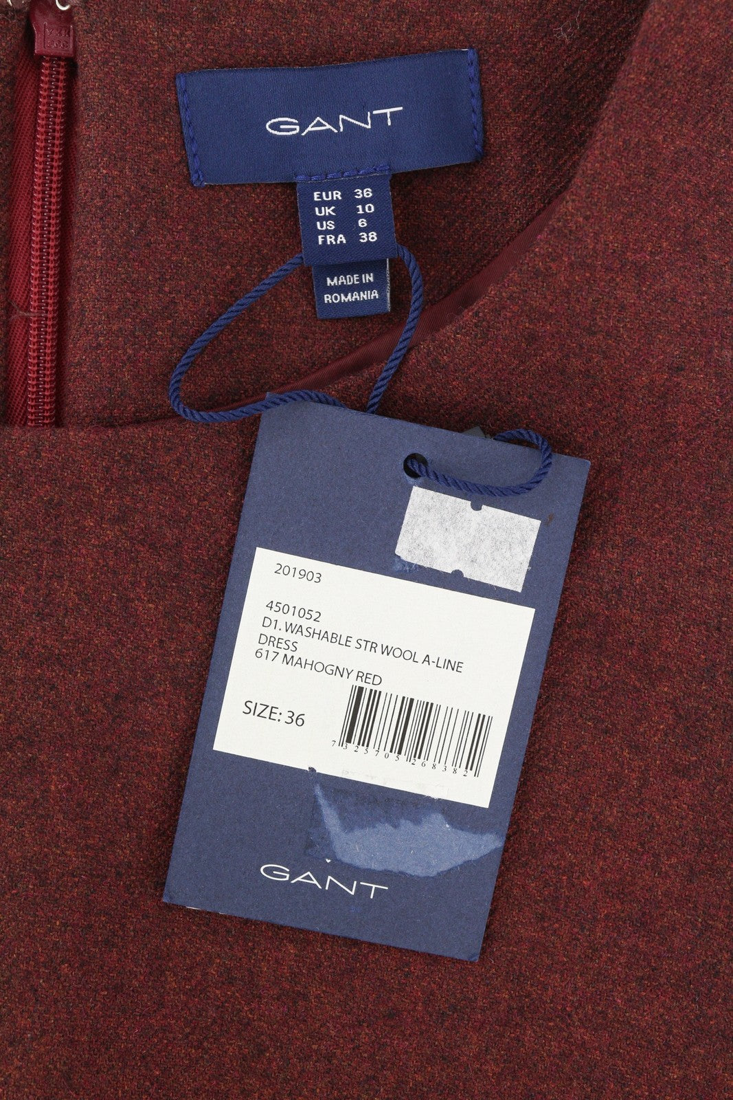 GANT Washable Str Wool A-Line Women's Dress EU36 Burgundy 3/4 Sleeve