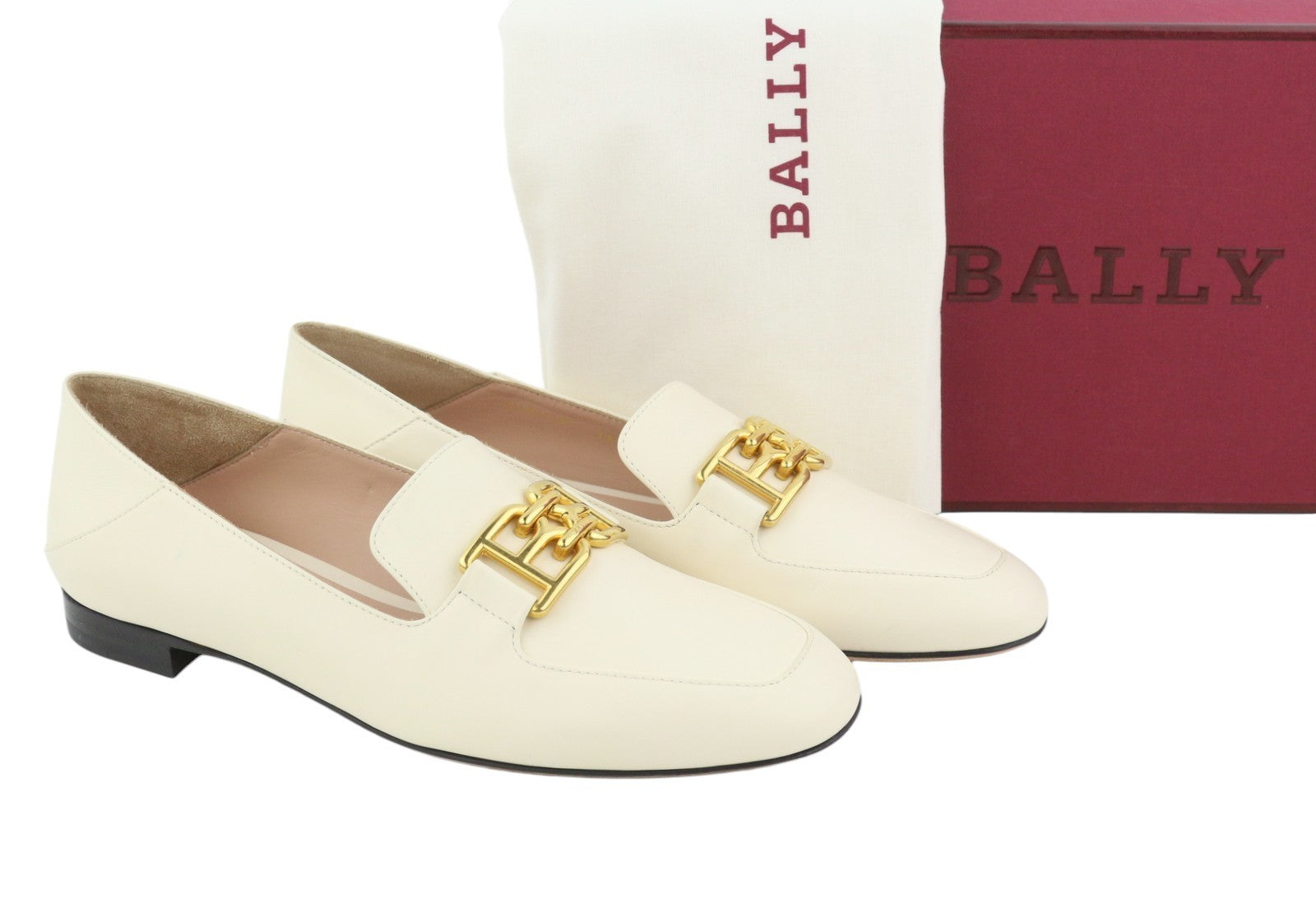 BALLY Ellah Women Flats EU36.5 Milky Leather Gold Tone Details Loafers RRP699