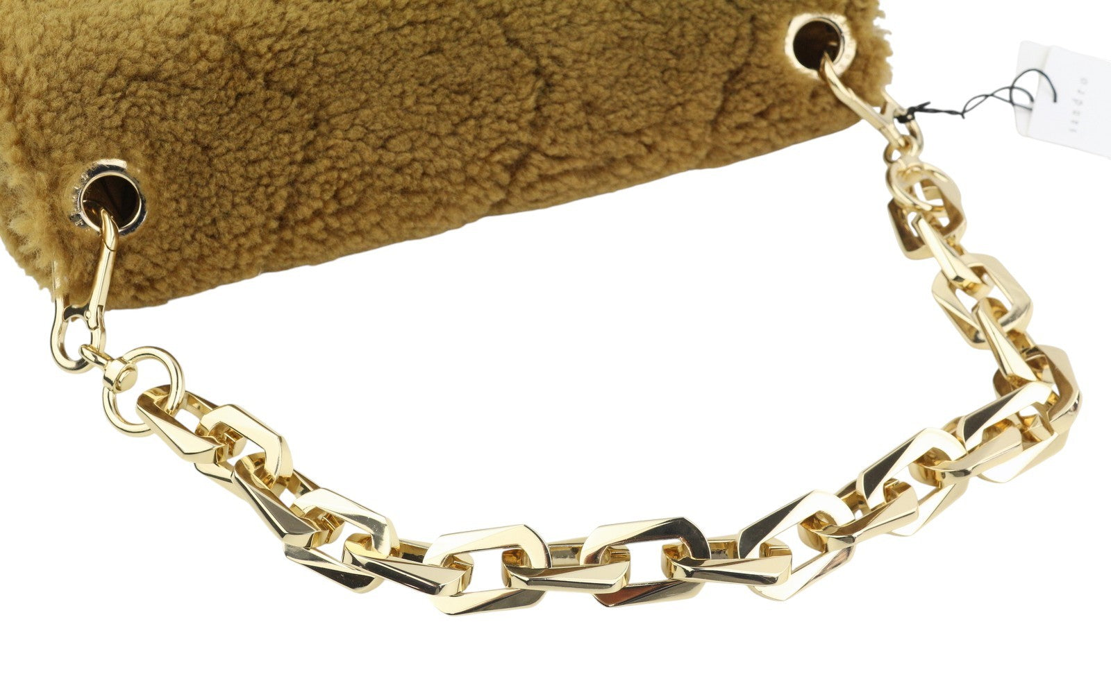 SANDRO Big Yza Curly Women Bag OS Camel Shearling Chain-Link Shoulder RRP475