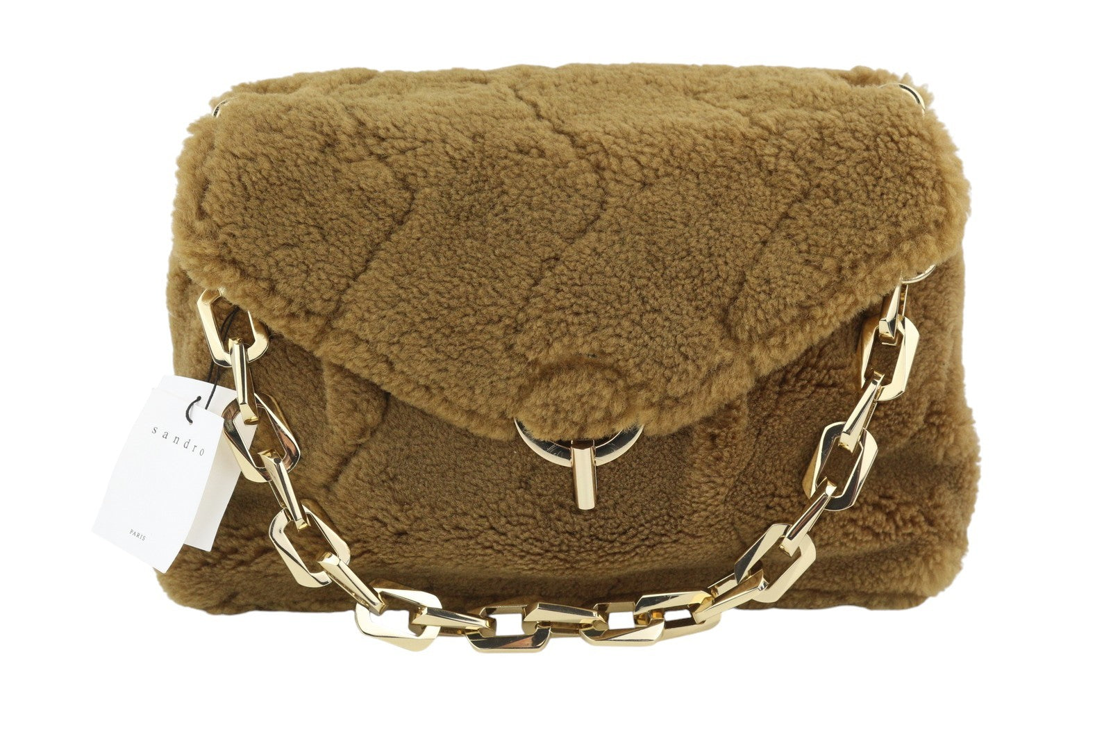 SANDRO Big Yza Curly Women Bag OS Camel Shearling Chain-Link Shoulder RRP475