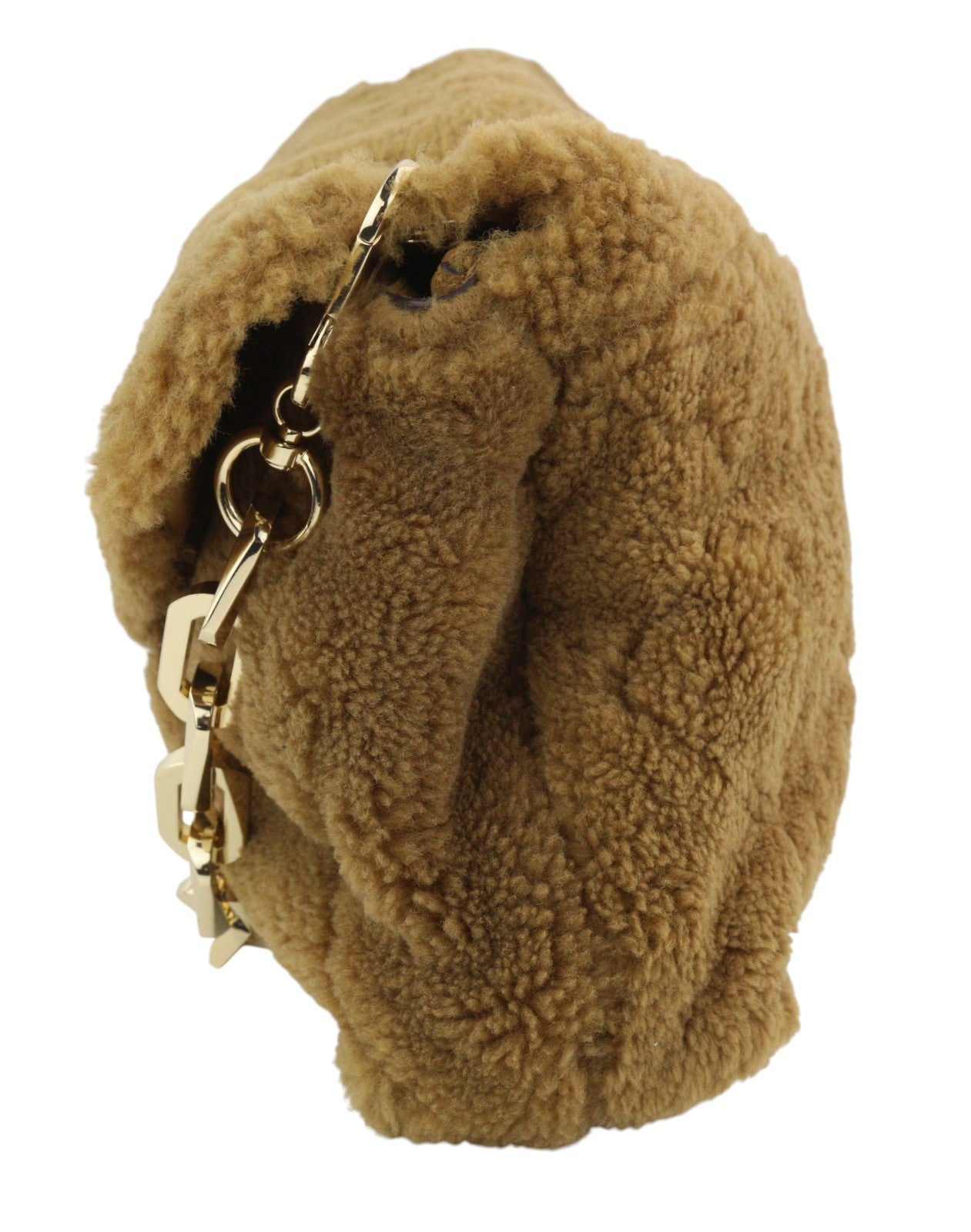 SANDRO Big Yza Curly Women Bag OS Camel Shearling Chain-Link Shoulder RRP475