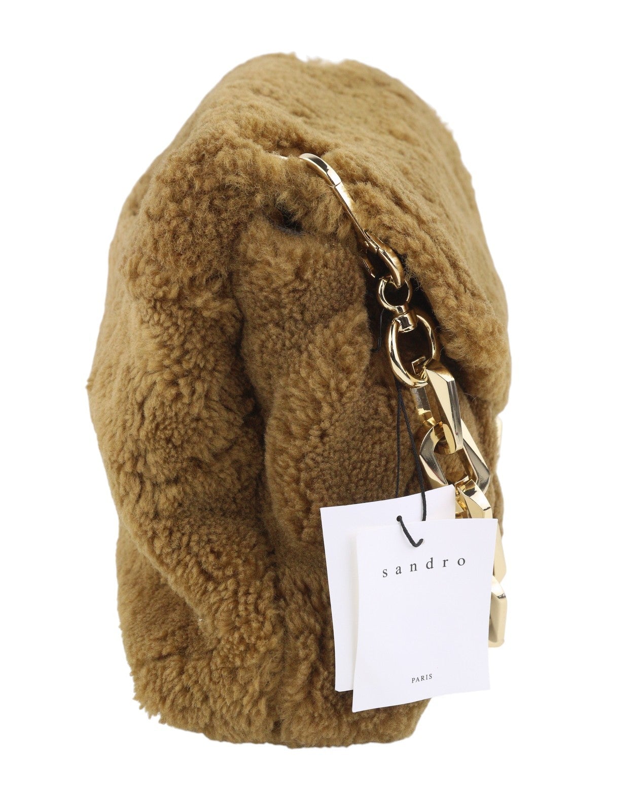 SANDRO Big Yza Curly Women Bag OS Camel Shearling Chain-Link Shoulder RRP475