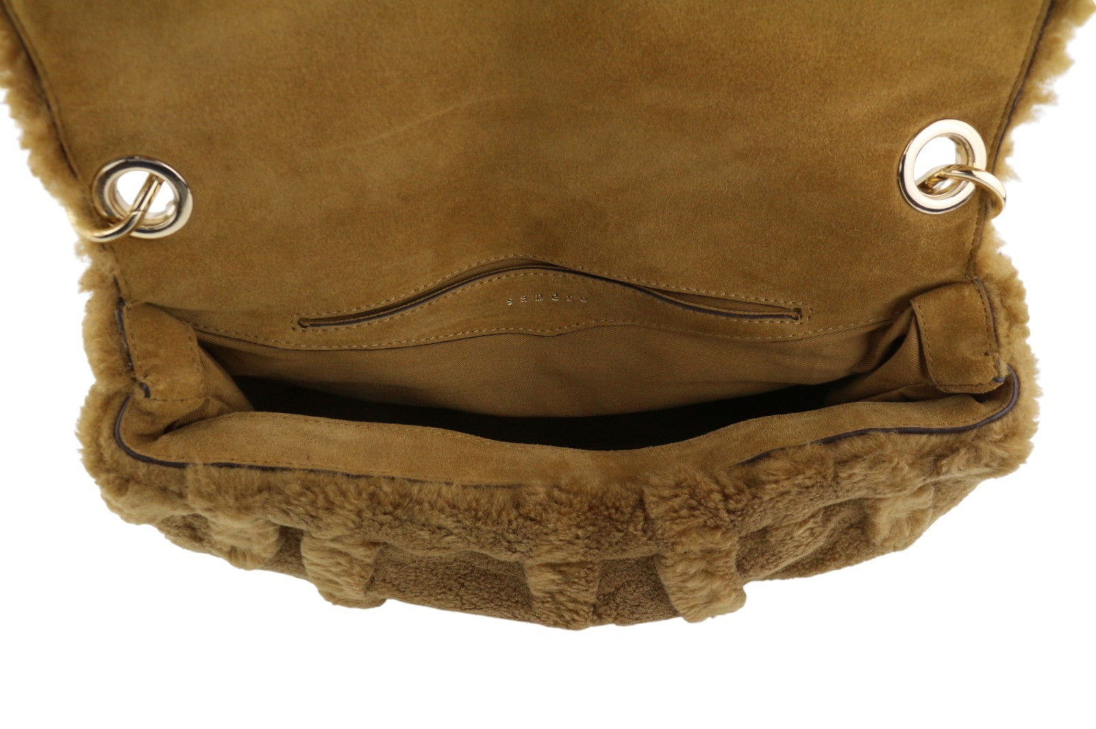 SANDRO Big Yza Curly Women Bag OS Camel Shearling Chain-Link Shoulder RRP475