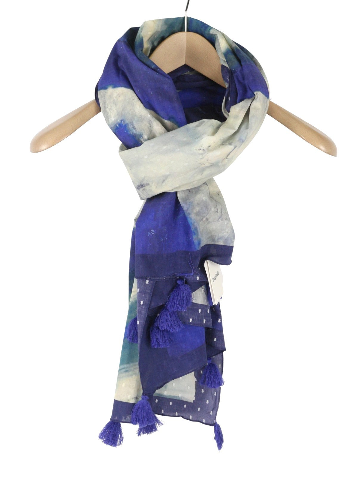 DESIGUAL Women Scarf OS Blue Cotton Artistic Print Foulard Fringe Details