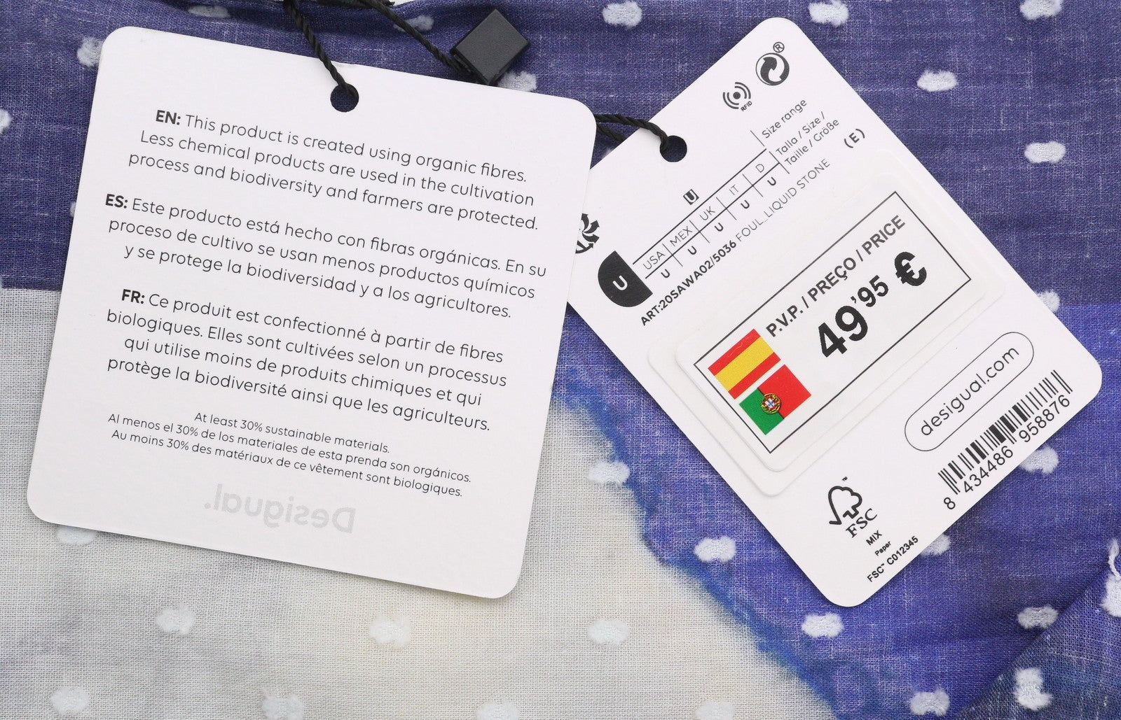 DESIGUAL Women Scarf OS Blue Cotton Artistic Print Foulard Fringe Details