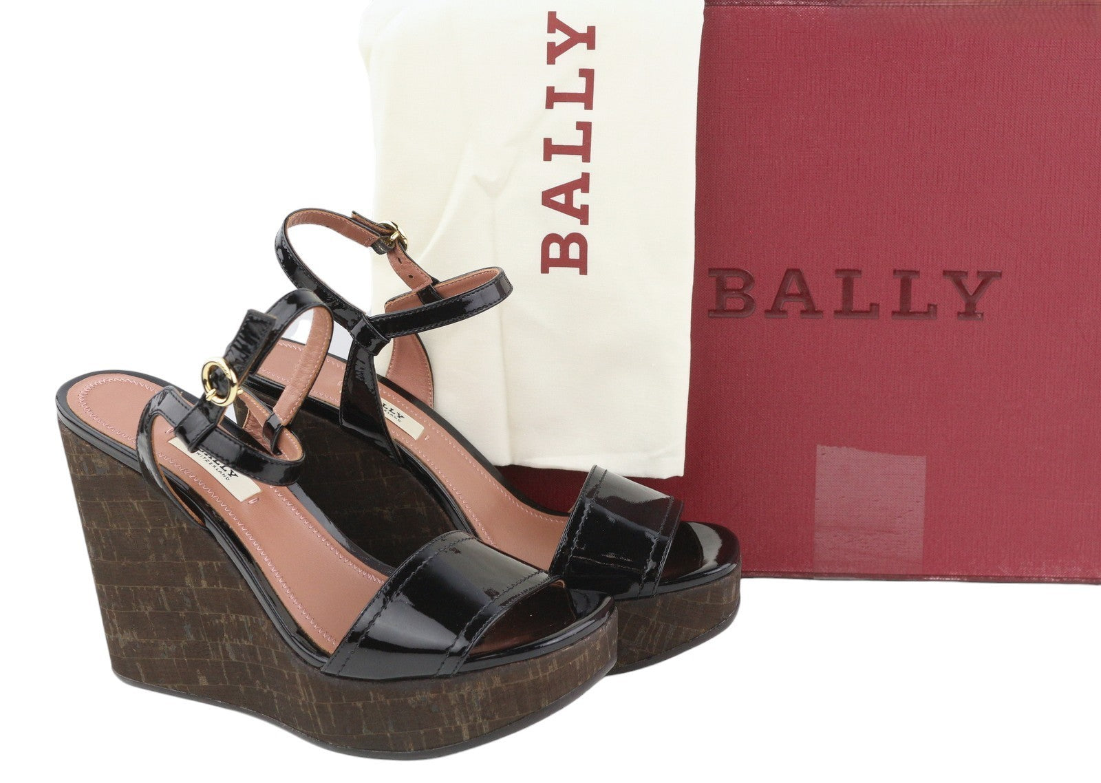 BALLY Clivya Women Sandals EU37.5 Black Patent Leather Slingback Wedge RRP479