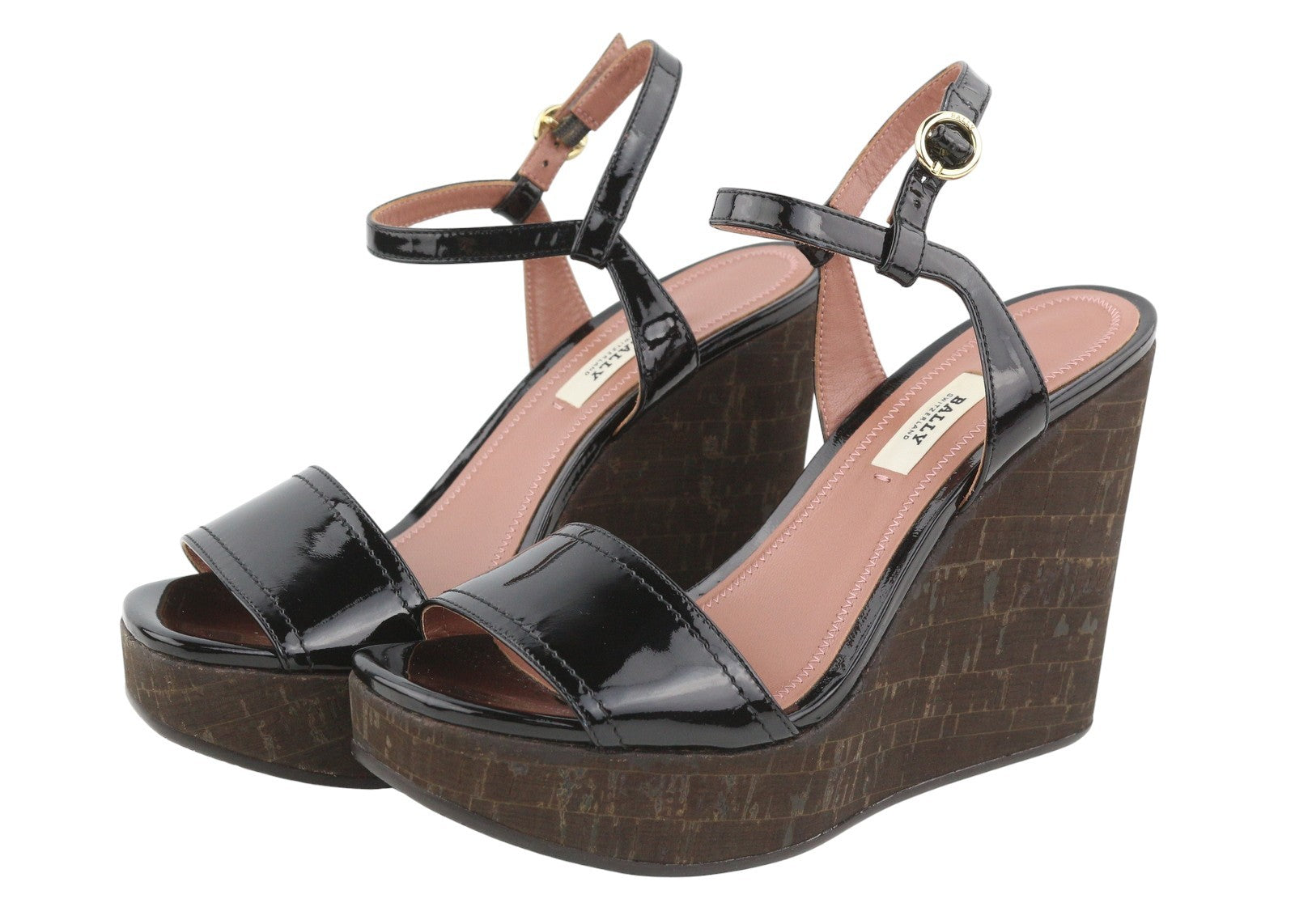 BALLY Clivya Women Sandals EU37.5 Black Patent Leather Slingback Wedge RRP479