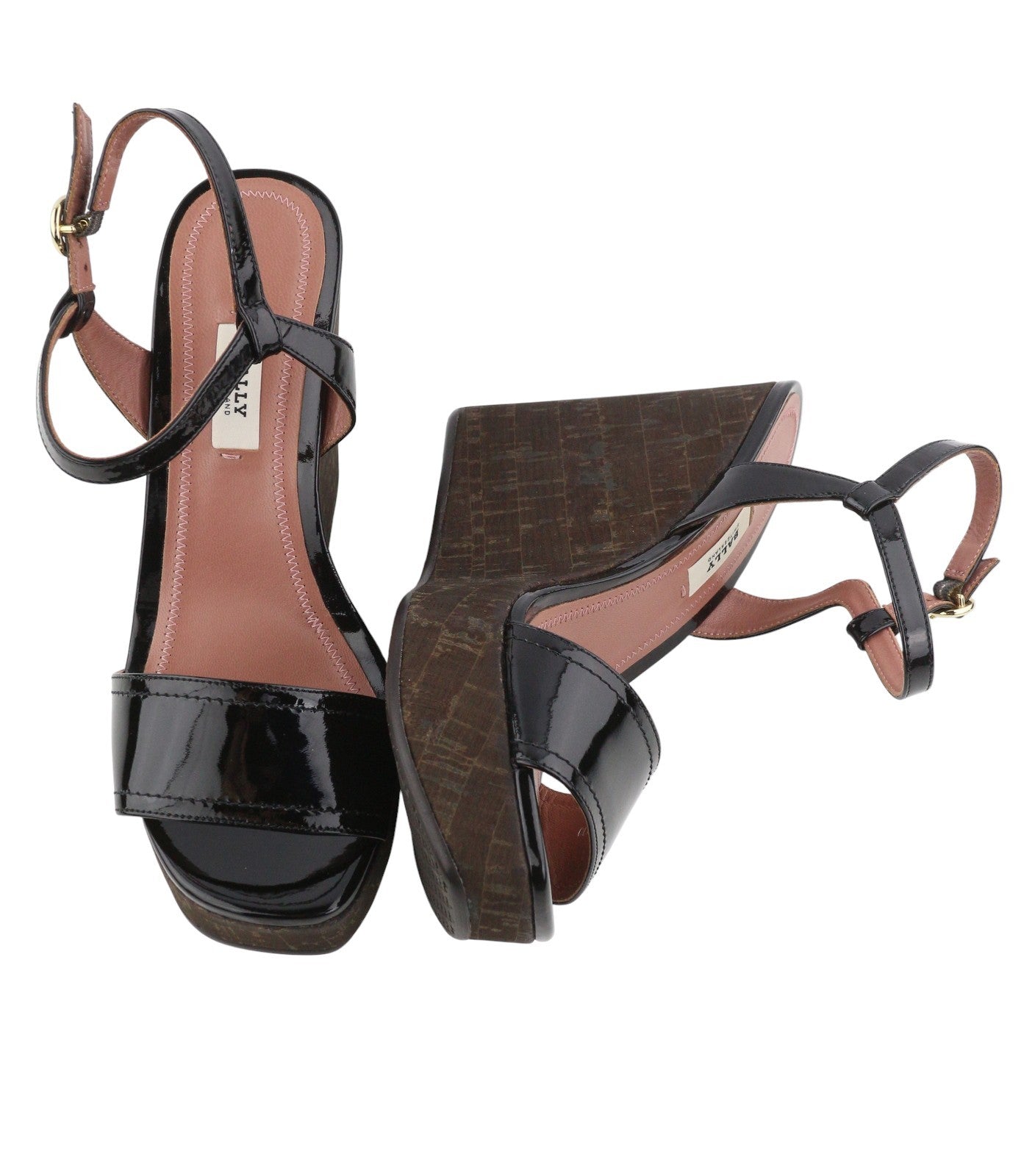 BALLY Clivya Women Sandals EU37.5 Black Patent Leather Slingback Wedge RRP479