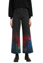 DESIGUAL Egipto Women Trousers W26 Black Wide Leg High Waist Ankle Patterned