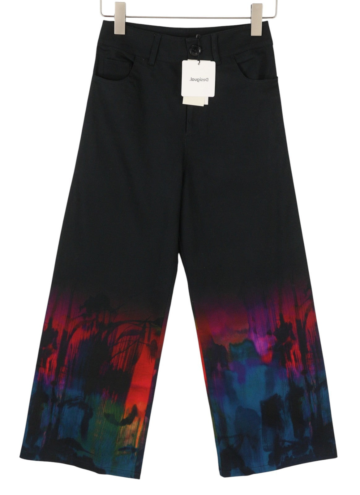 DESIGUAL Egipto Women Trousers W26 Black Wide Leg High Waist Ankle Patterned