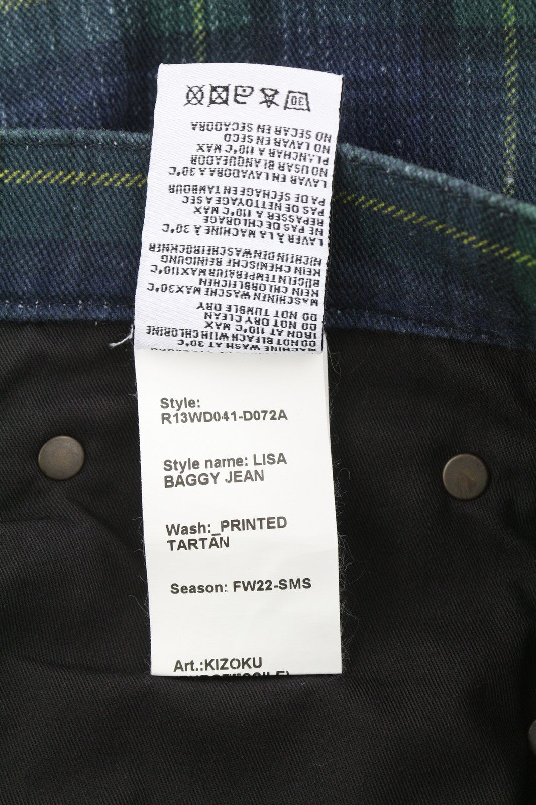 R13 Lisa Baggy Women Jeans 27 Printed Tartan Straight Wide Fit Faded RRP999