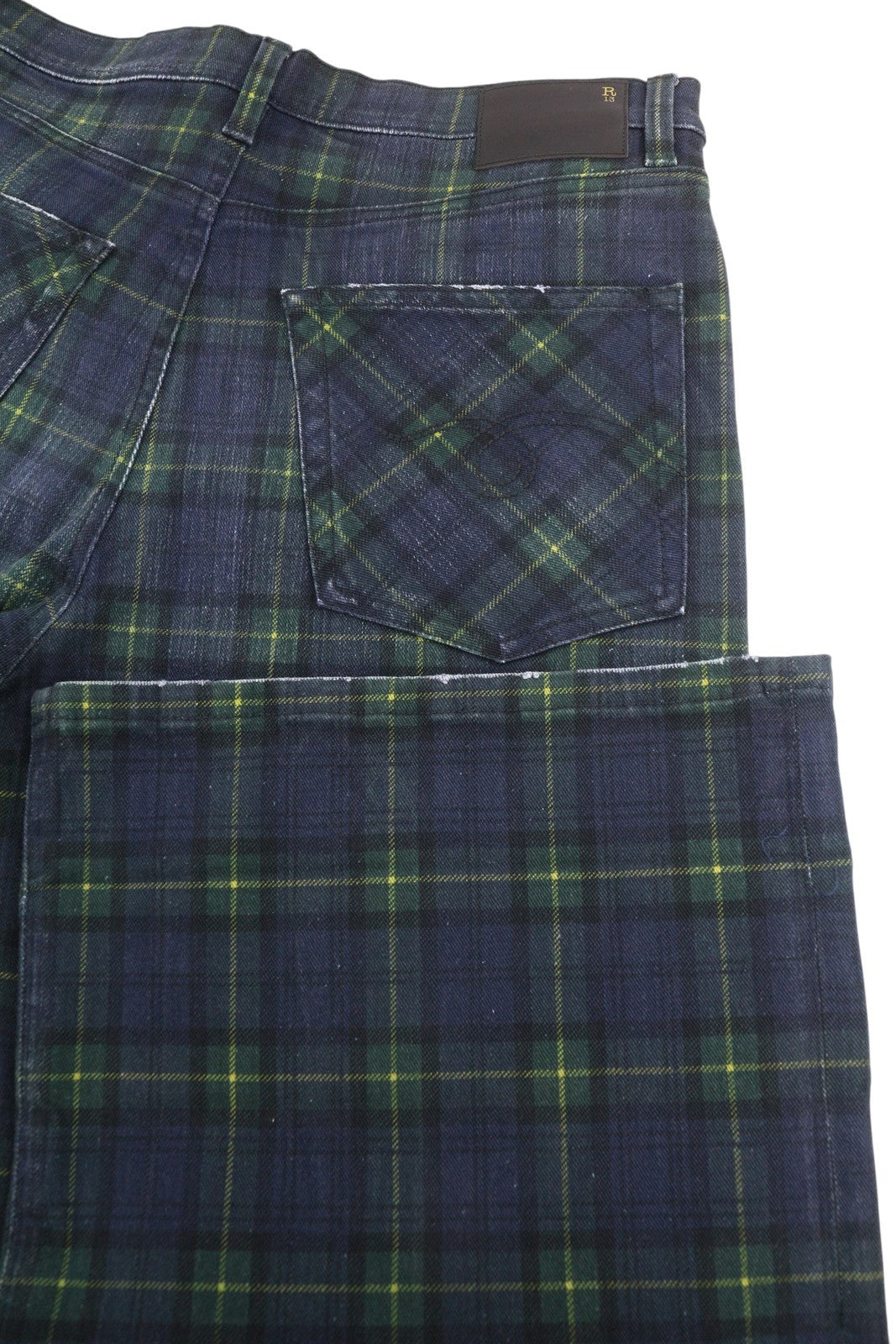 R13 Lisa Baggy Women Jeans 27 Printed Tartan Straight Wide Fit Faded RRP999