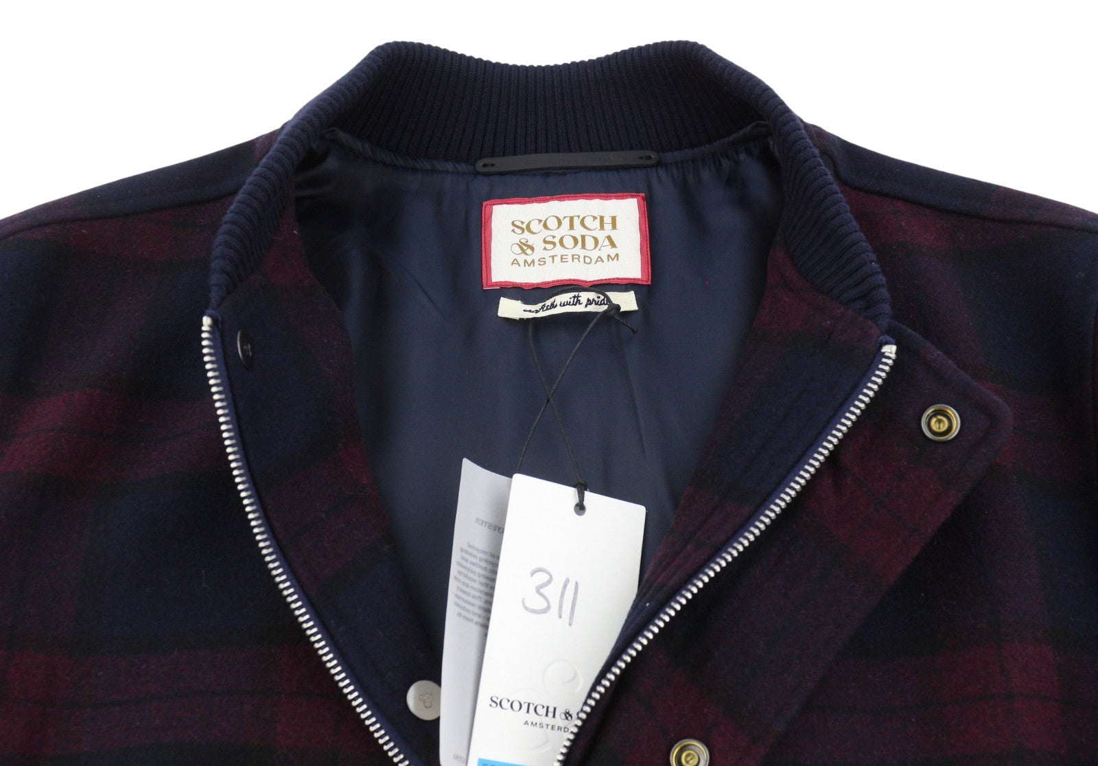 SCOTCH & SODA Men Jacket M Bordeaux Nigh Check Flannel Wool Blend Bomber
