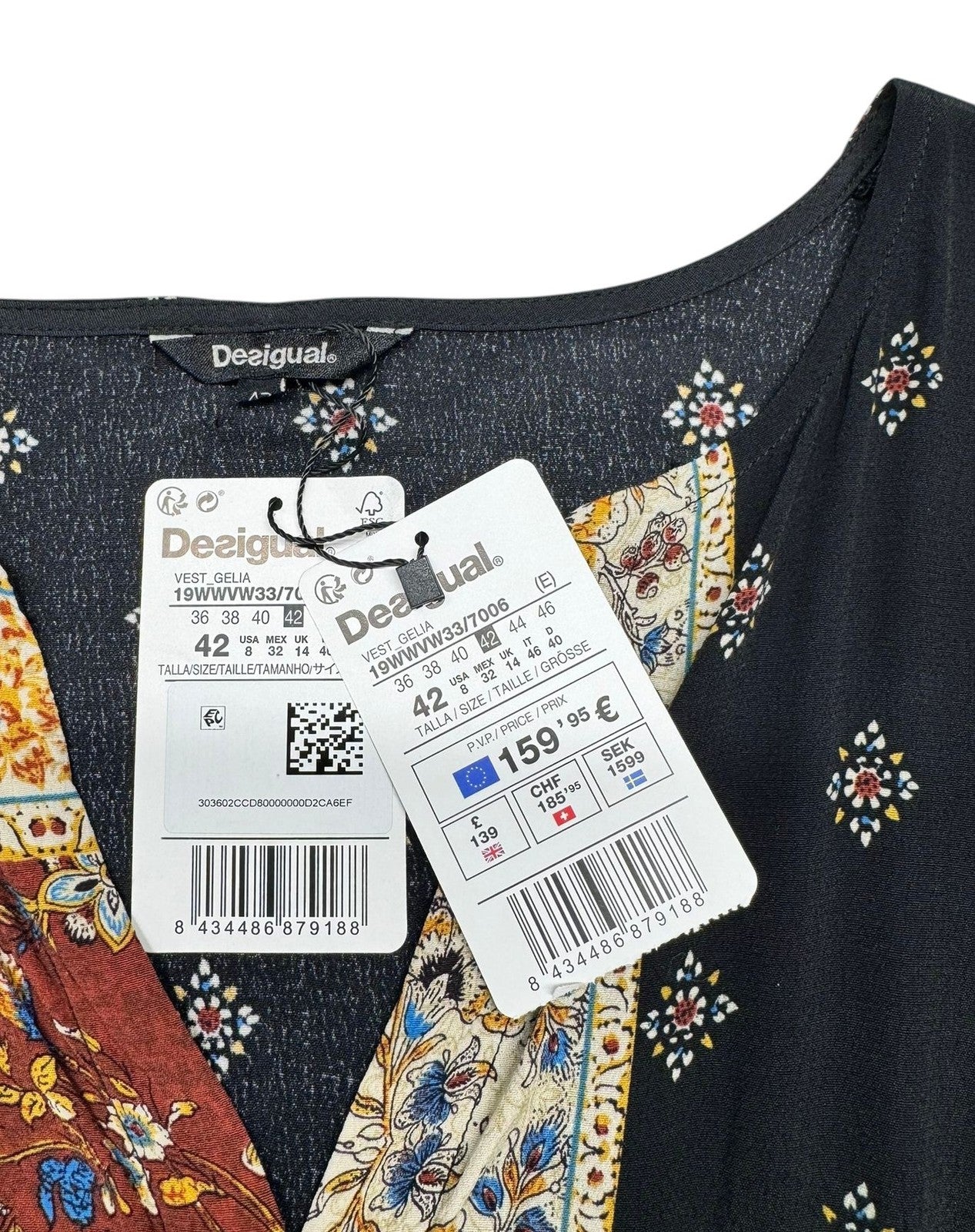 DESIGUAL Gelia Women Dress EU42 3/4 Sleeves Asymmetrical Patterned Midi