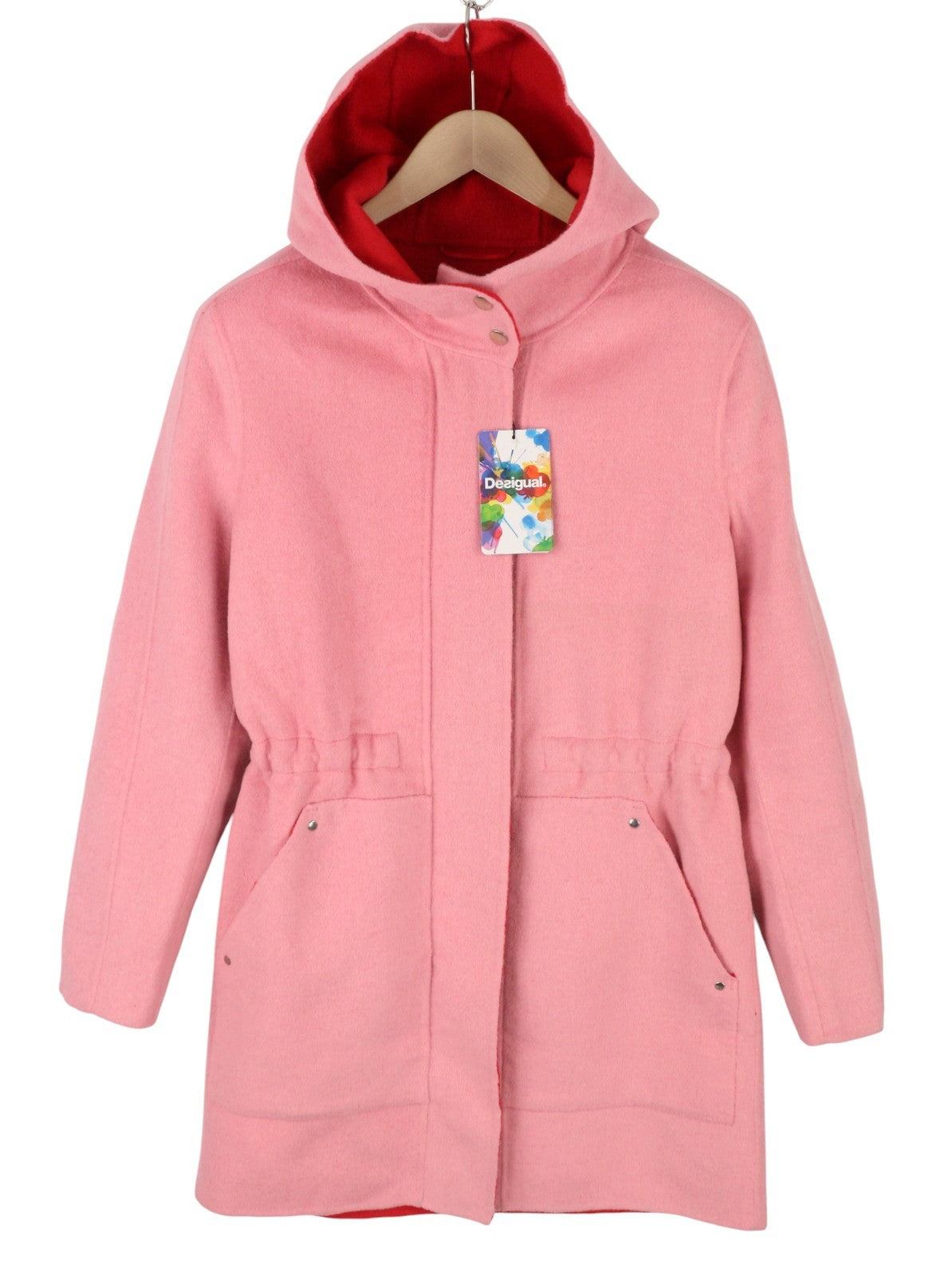 DESIGUAL Lenzy Women Coat EU36 Pink Wool Blend Drawstring Waist Hooded Mid