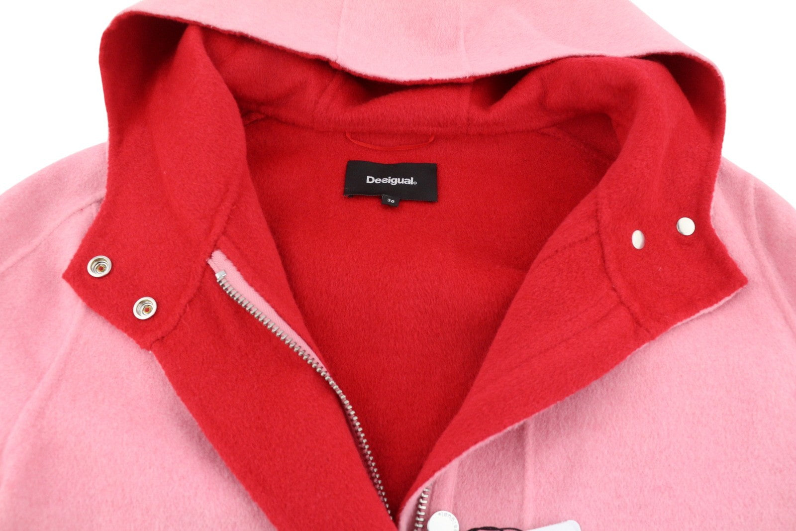 DESIGUAL Lenzy Women Coat EU36 Pink Wool Blend Drawstring Waist Hooded Mid