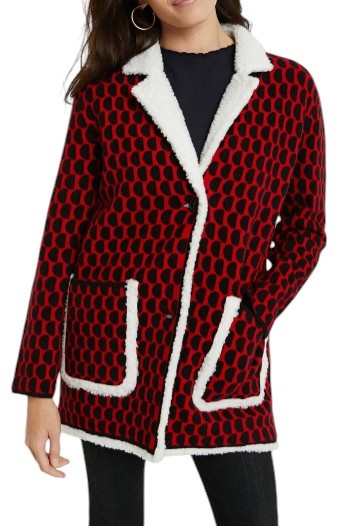 DESIGUAL Jers Denver Women Coat L Red Patterned Tricot Fleece Button Loose Fit