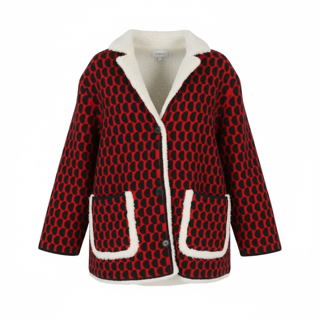 DESIGUAL Jers Denver Women Coat L Red Patterned Tricot Fleece Button Loose Fit