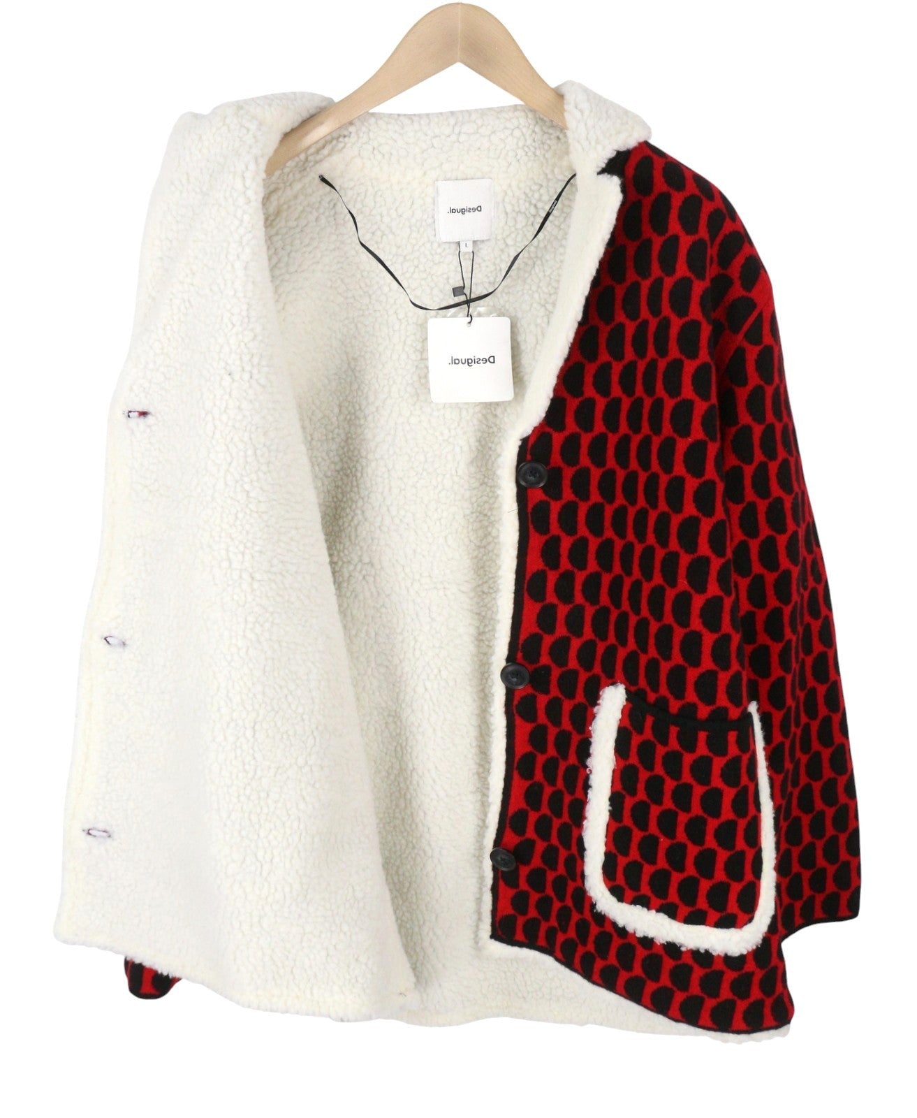 DESIGUAL Jers Denver Women Coat L Red Patterned Tricot Fleece Button Loose Fit