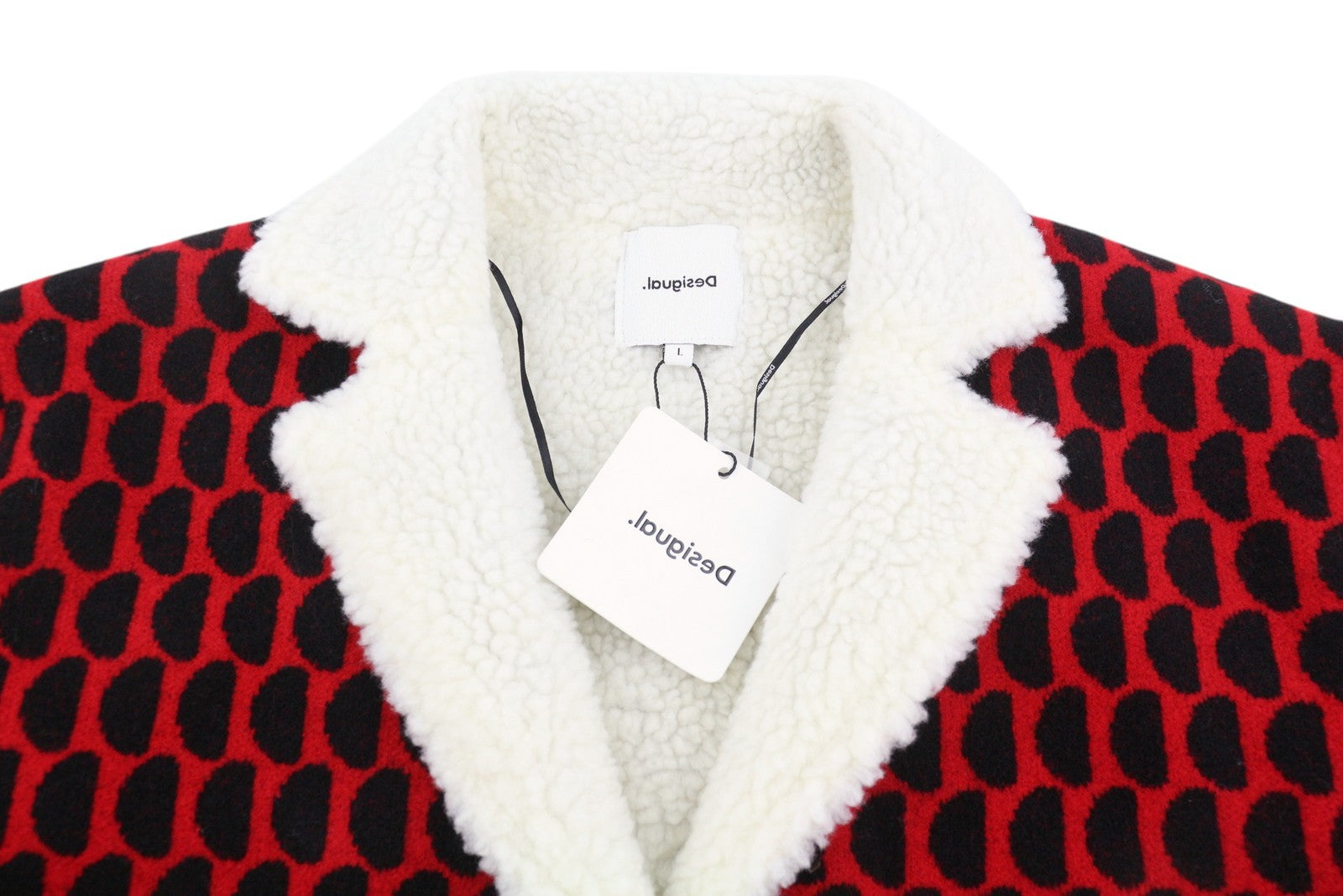 DESIGUAL Jers Denver Women Coat L Red Patterned Tricot Fleece Button Loose Fit