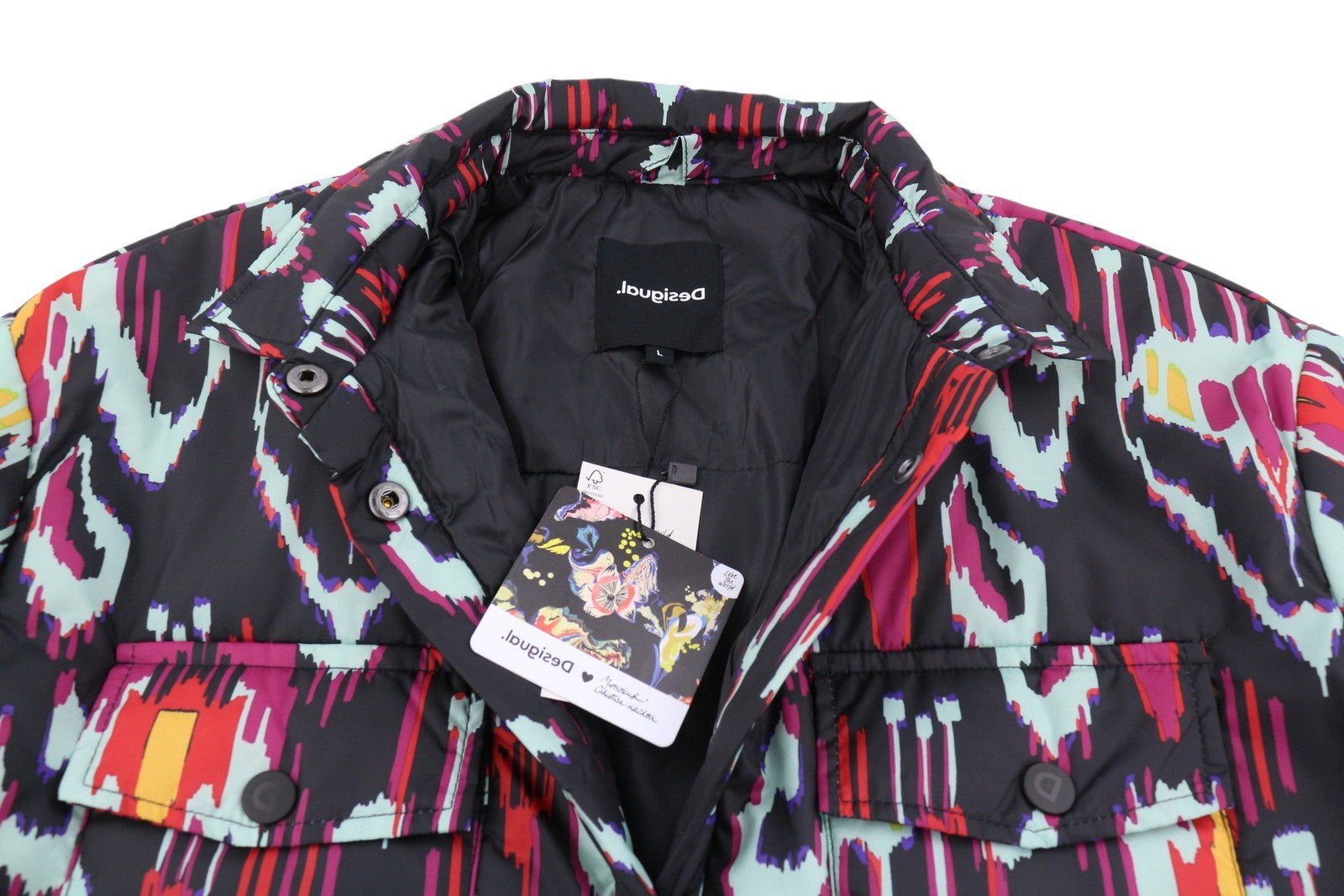 DESIGUAL Eliot Women Jacket L Colourful Abstract Print Padded Snap Button