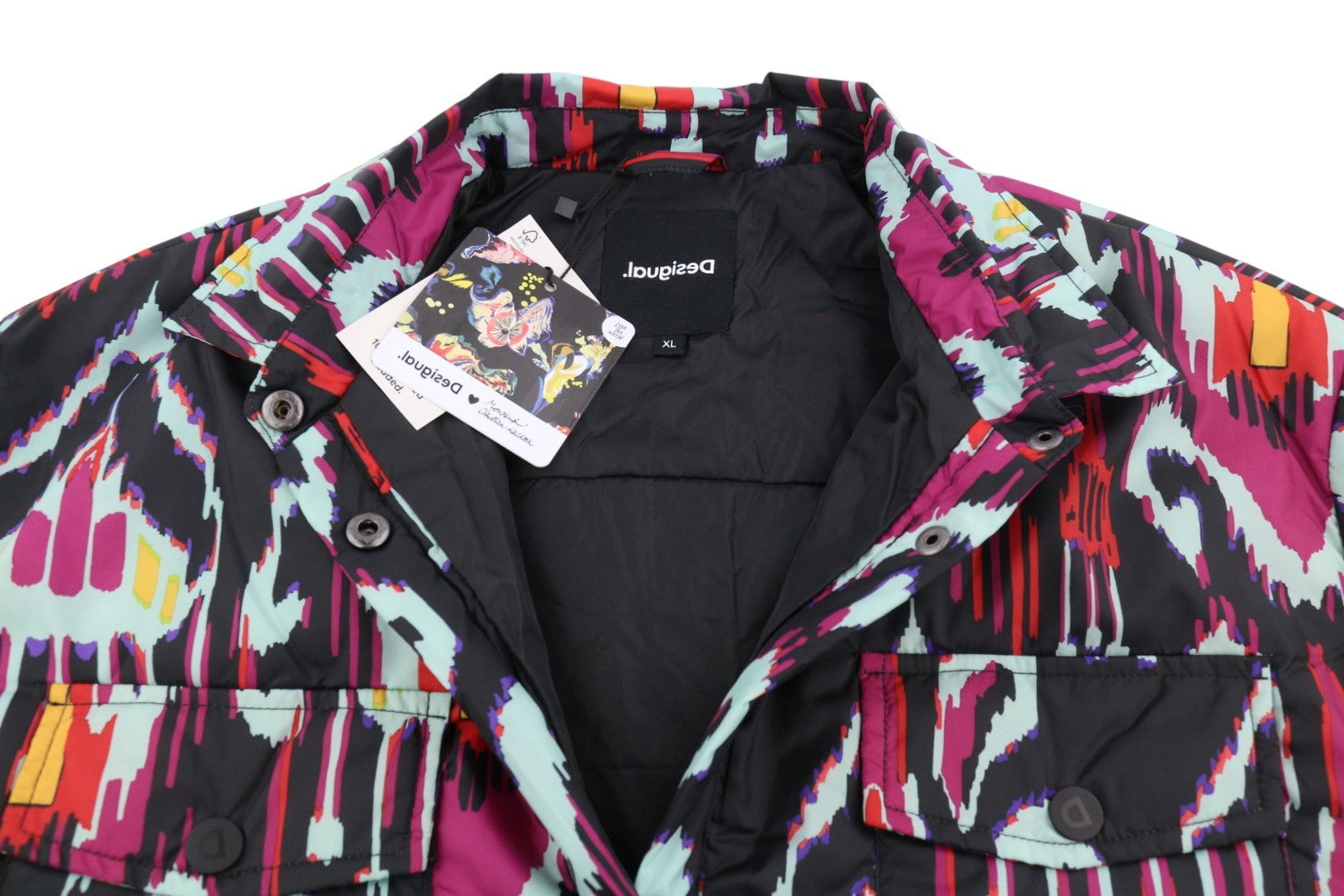 DESIGUAL Eliot Women Jacket XL Colourful Abstract Print Padded Snap Button