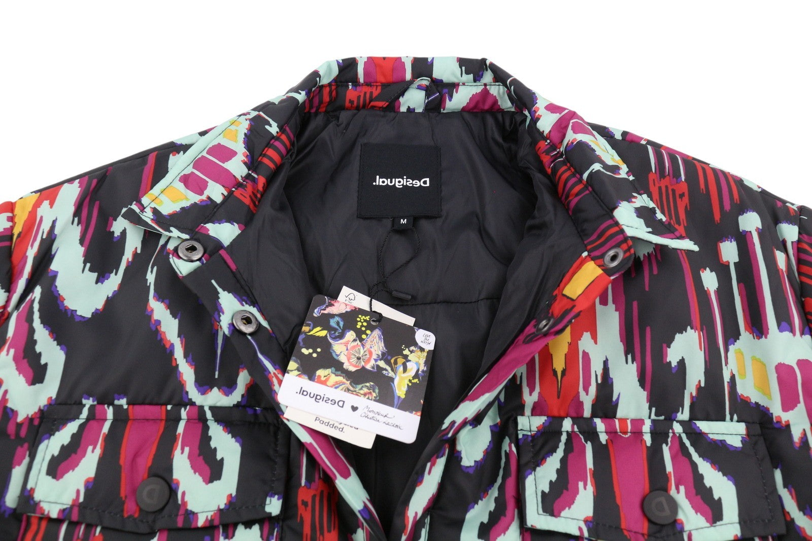 DESIGUAL Eliot Women Jacket M Colourful Abstract Pattern Padded Snap Button