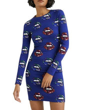 DESIGUAL Liliana Women Dress M Blue Lips Print Fitted Long Sleeve Mini