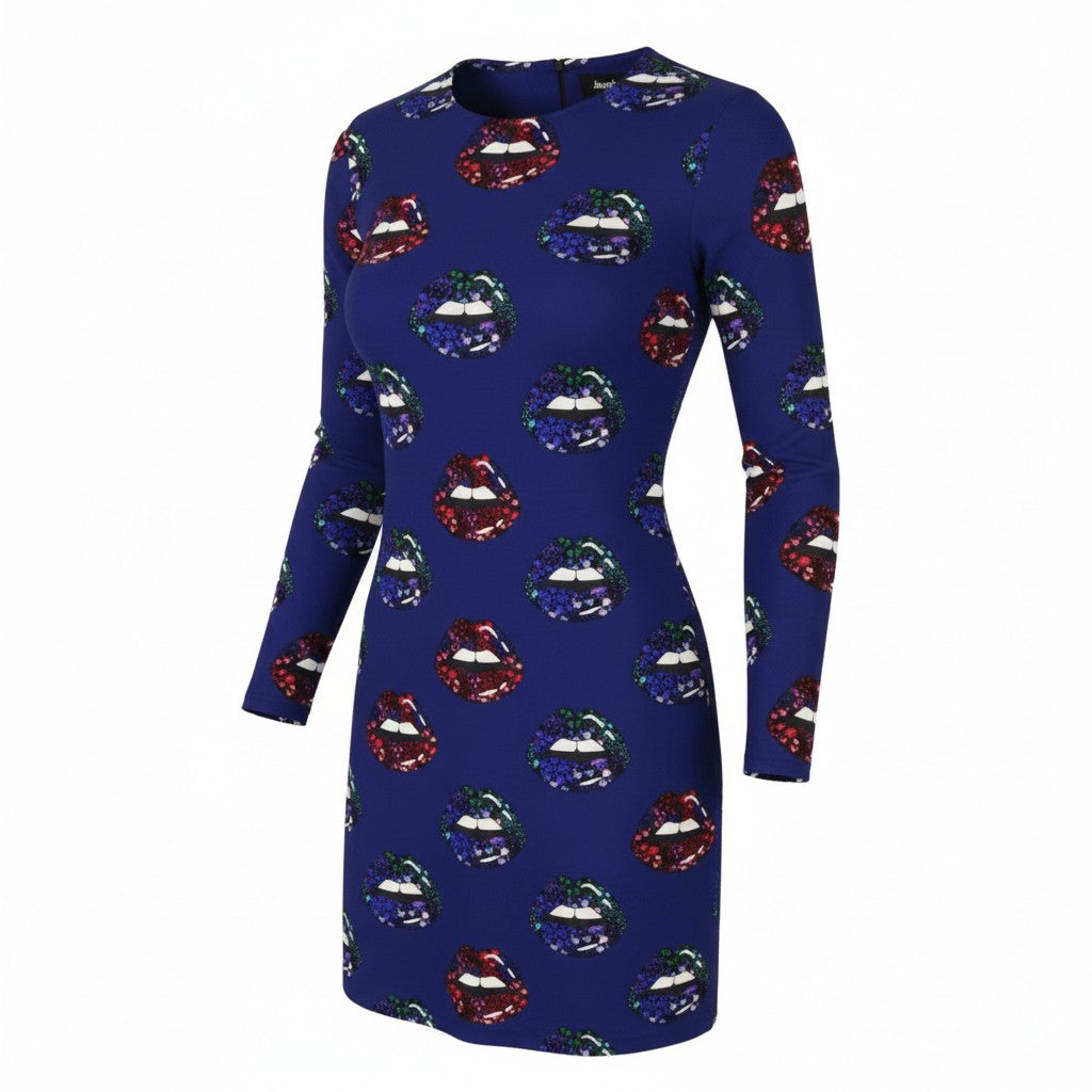 DESIGUAL Liliana Women Dress M Blue Lips Print Fitted Long Sleeve Mini