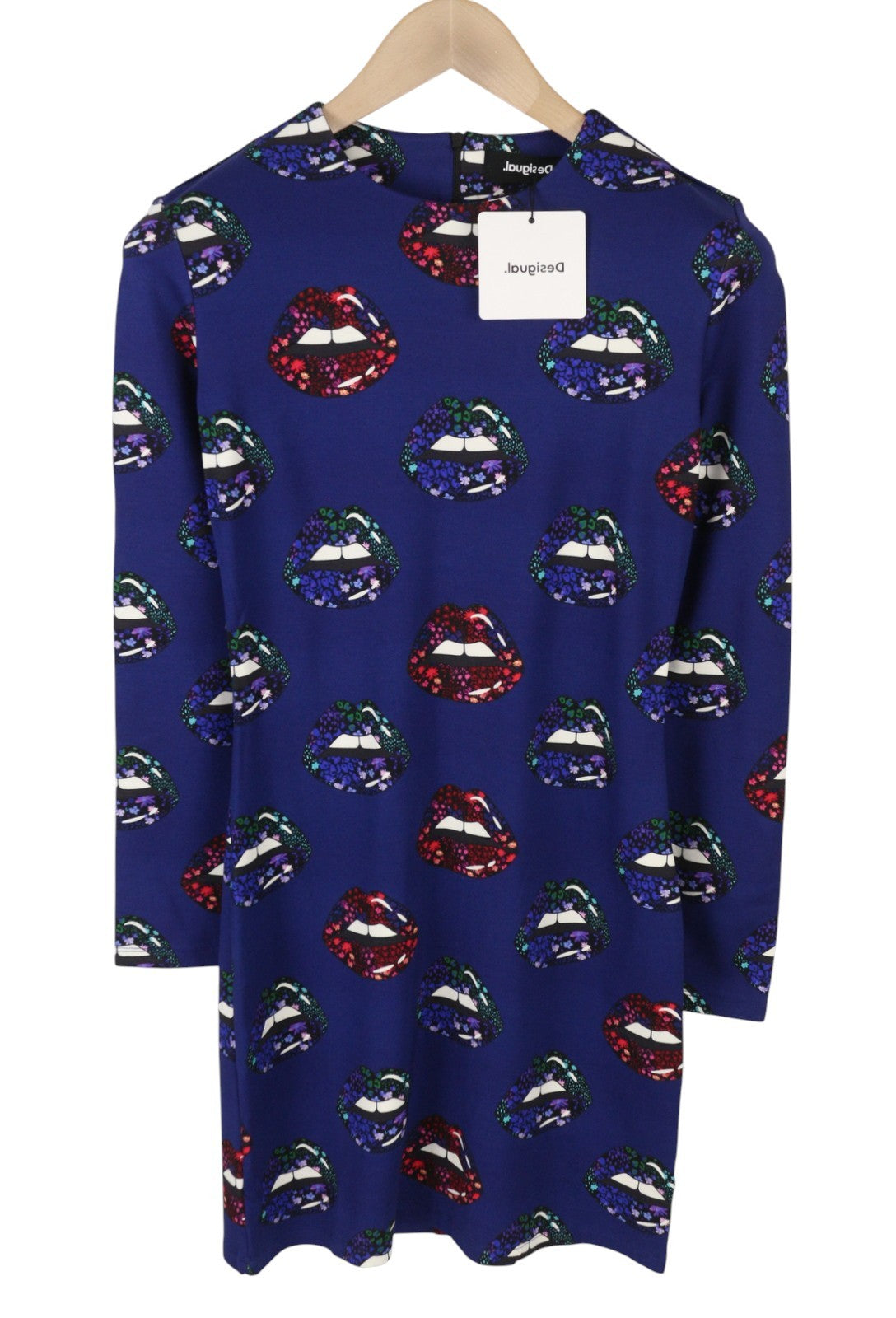 DESIGUAL Liliana Women Dress M Blue Lips Print Fitted Long Sleeve Mini
