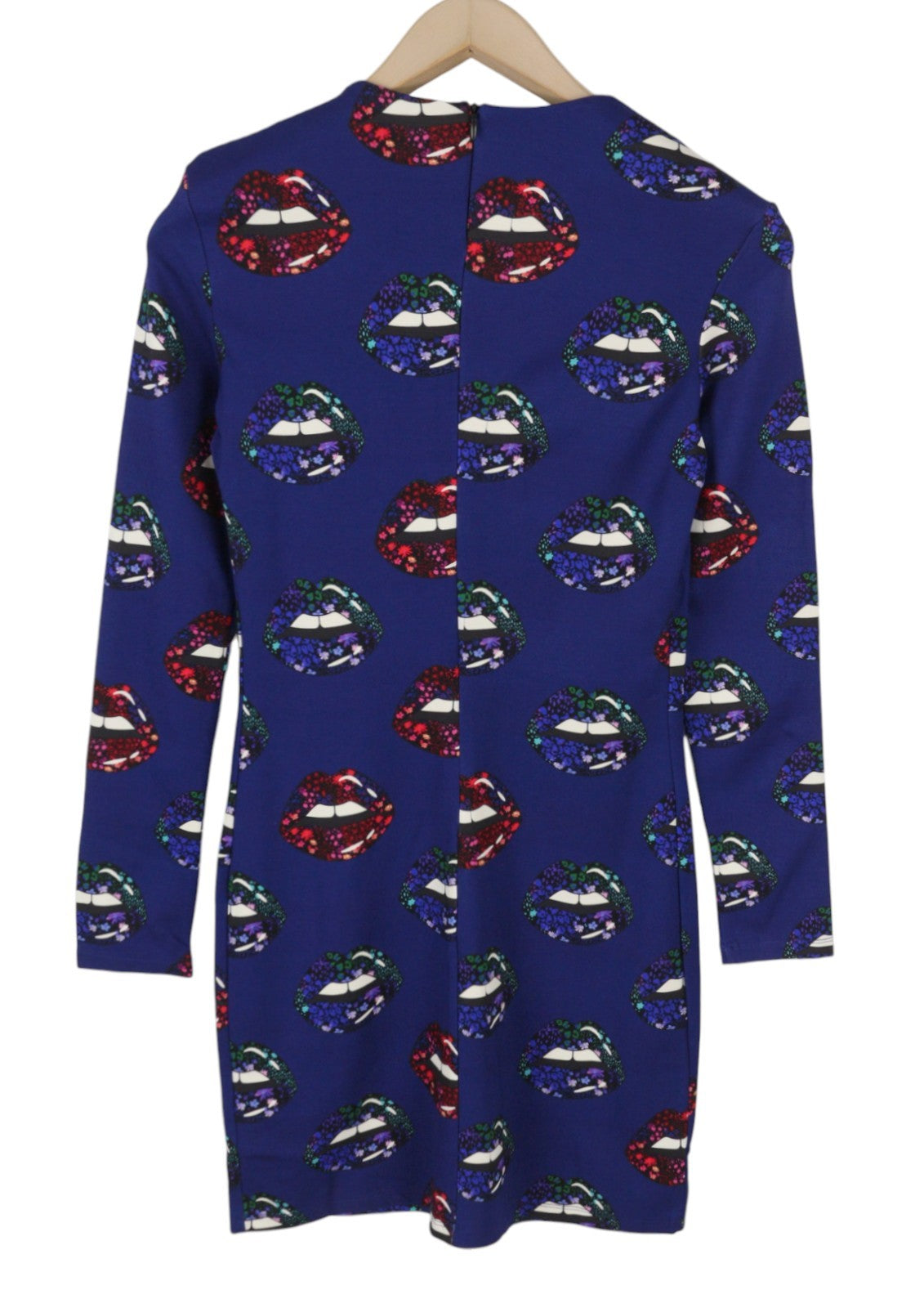 DESIGUAL Liliana Women Dress M Blue Lips Print Fitted Long Sleeve Mini