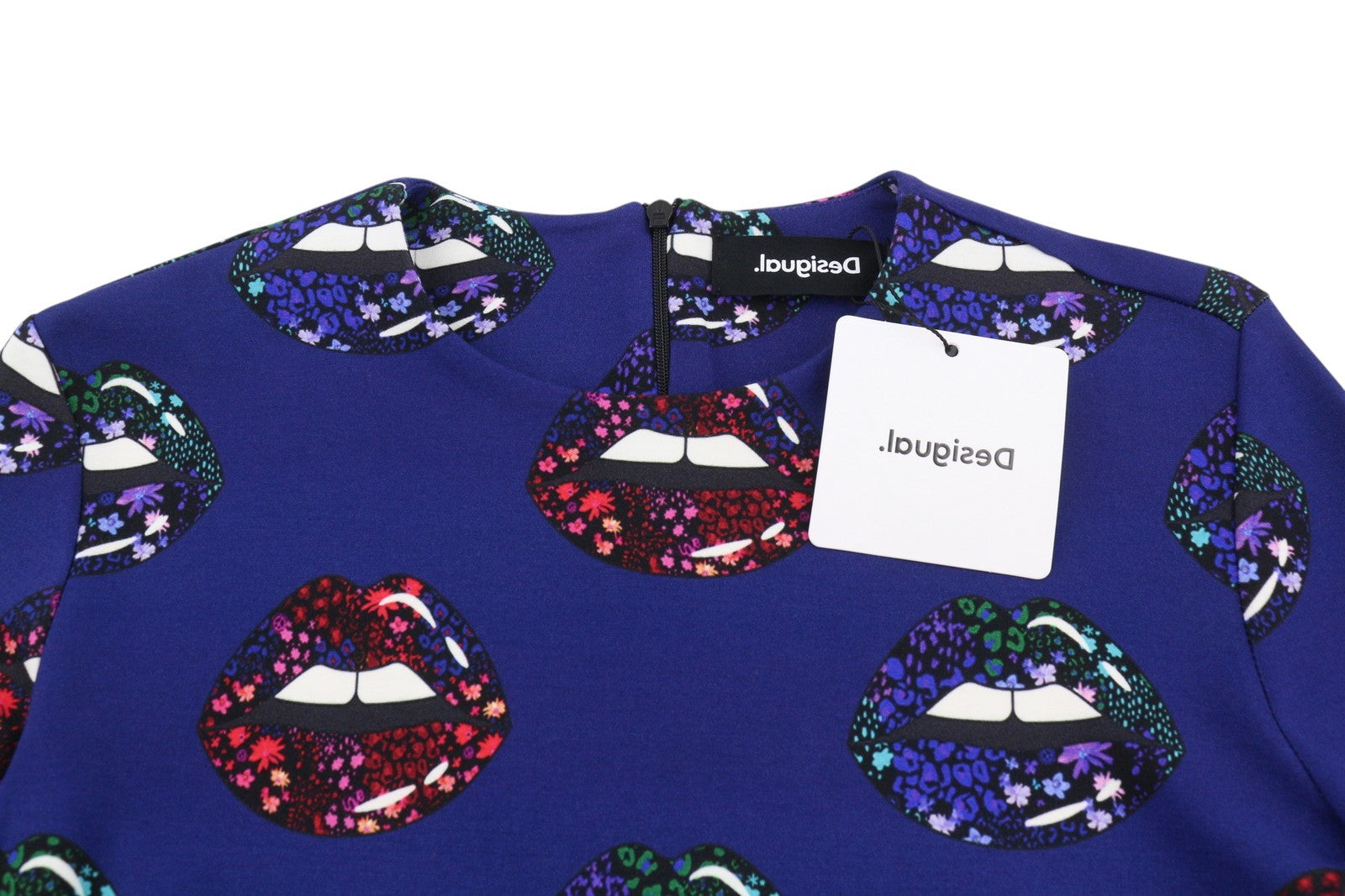 DESIGUAL Liliana Women Dress M Blue Lips Print Fitted Long Sleeve Mini