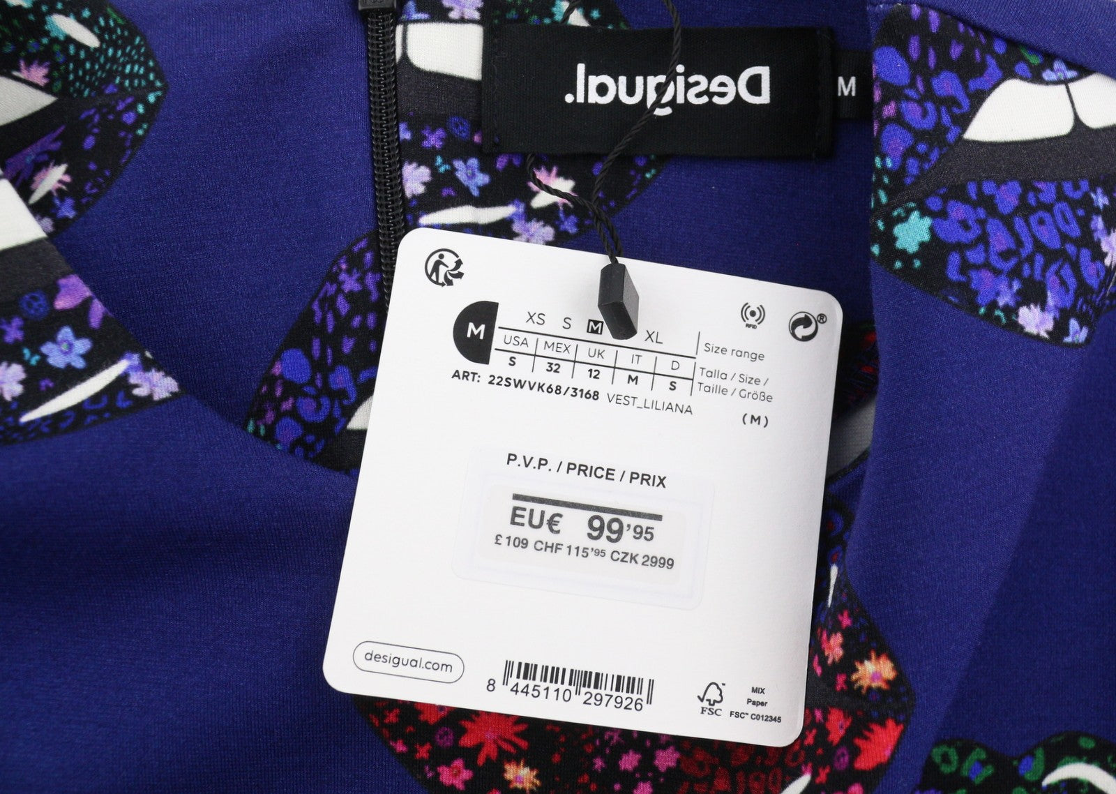 DESIGUAL Liliana Women Dress M Blue Lips Print Fitted Long Sleeve Mini