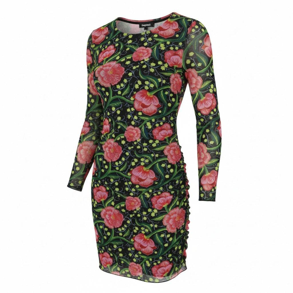 DESIGUAL Roiane Women Dress L Flowers Print Slim Fit Inner Lining Knee-Length