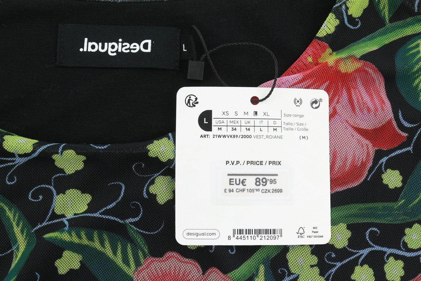 DESIGUAL Roiane Women Dress L Flowers Print Slim Fit Inner Lining Knee-Length