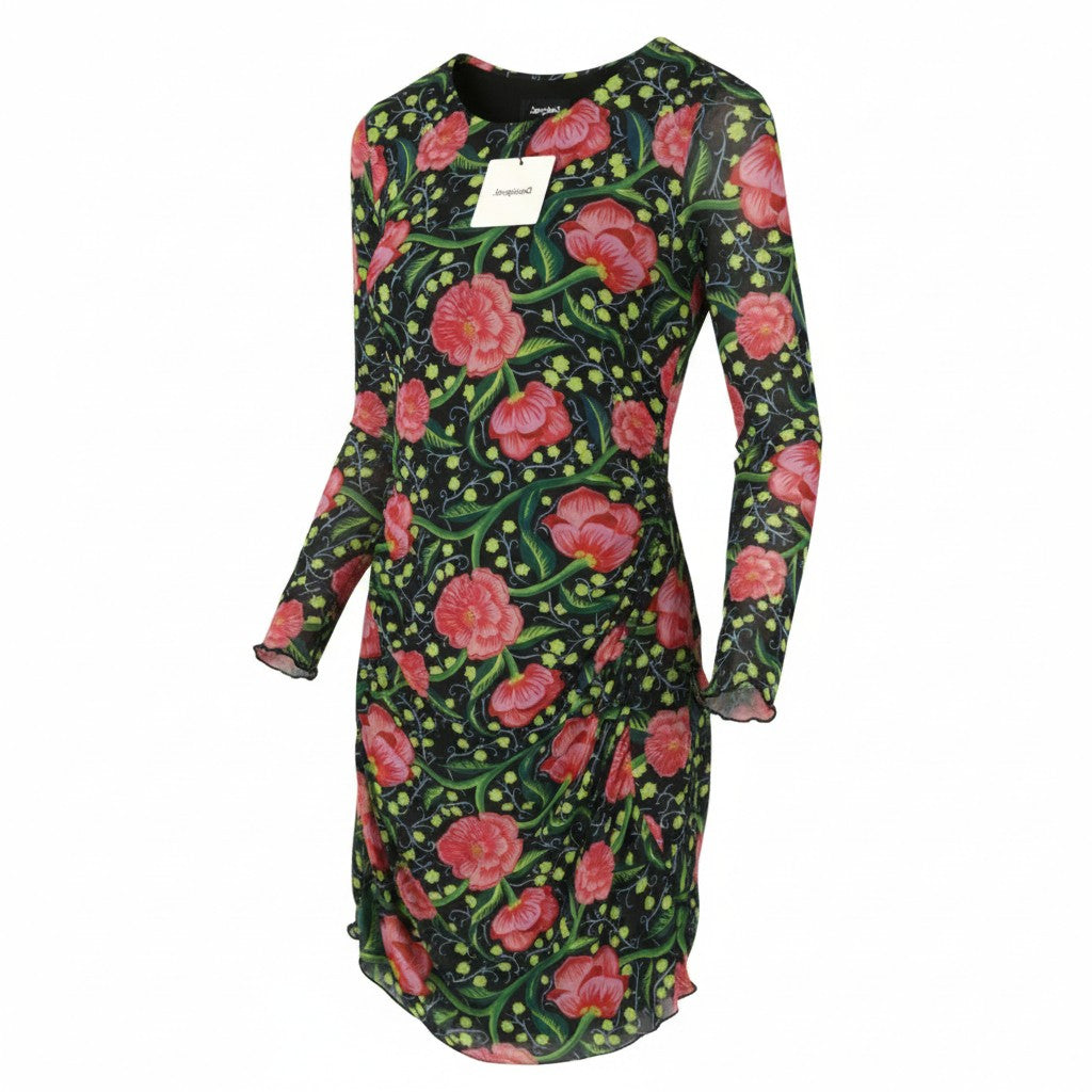 DESIGUAL Roiane Women Dress M Flowers Print Slim Fit Inner Lining Knee-Length