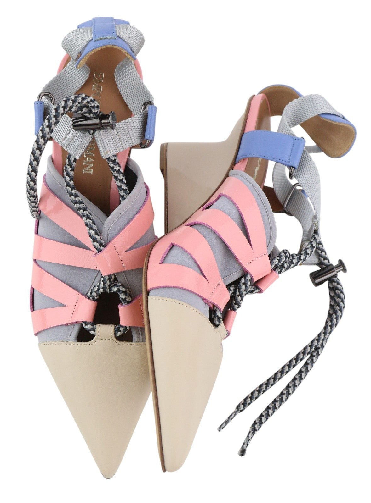 EMPORIO ARMANI Women Heels EU37 Beige Leather Green Drawstring Pumps