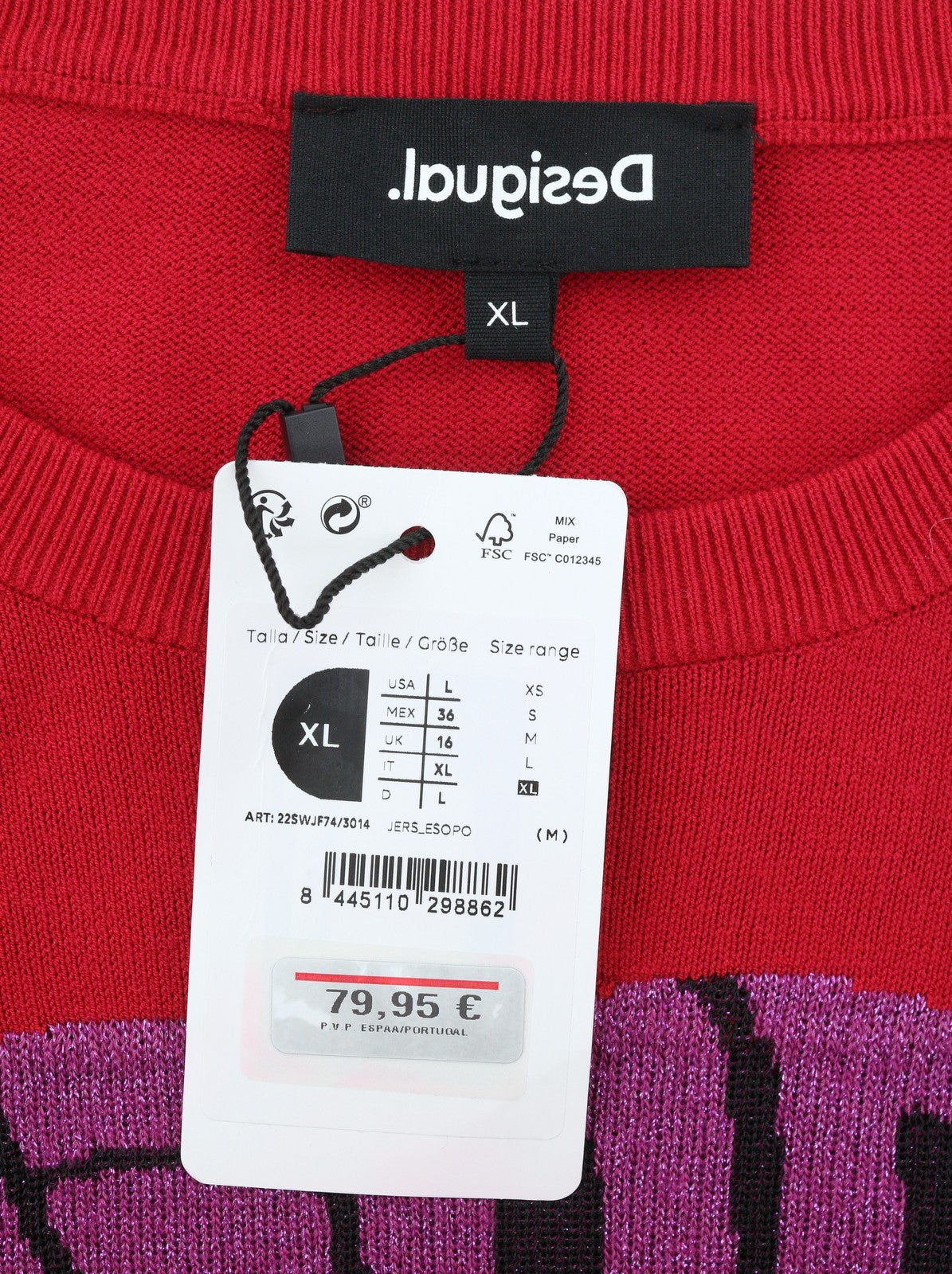 DESIGUAL Esopo Women Jumper XL Red Shiny Lip Print Tight-Knit Pullover