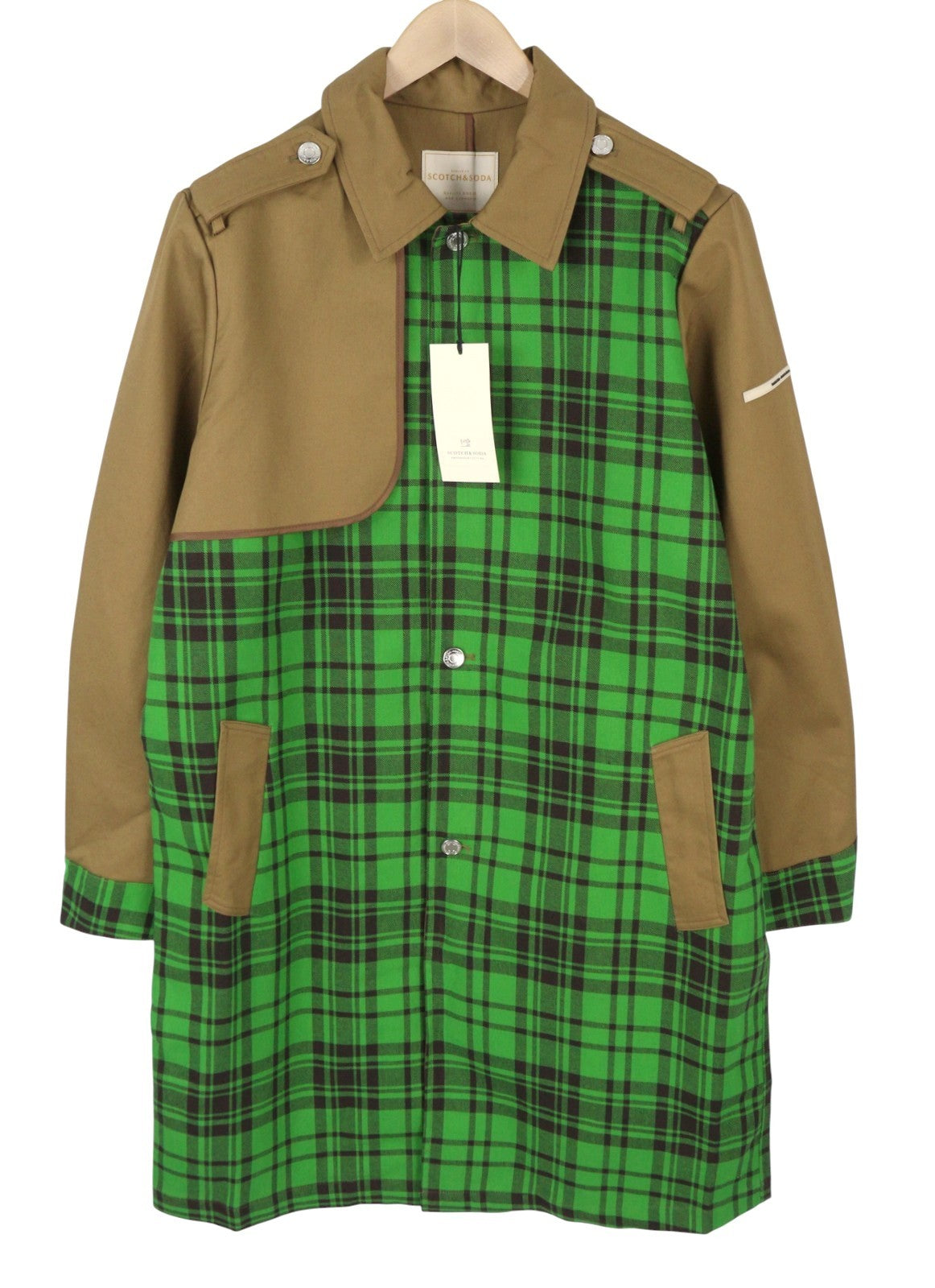 SCOTCH & SODA Men Coat M Green Check Printed Mid-Length Trench RRP349