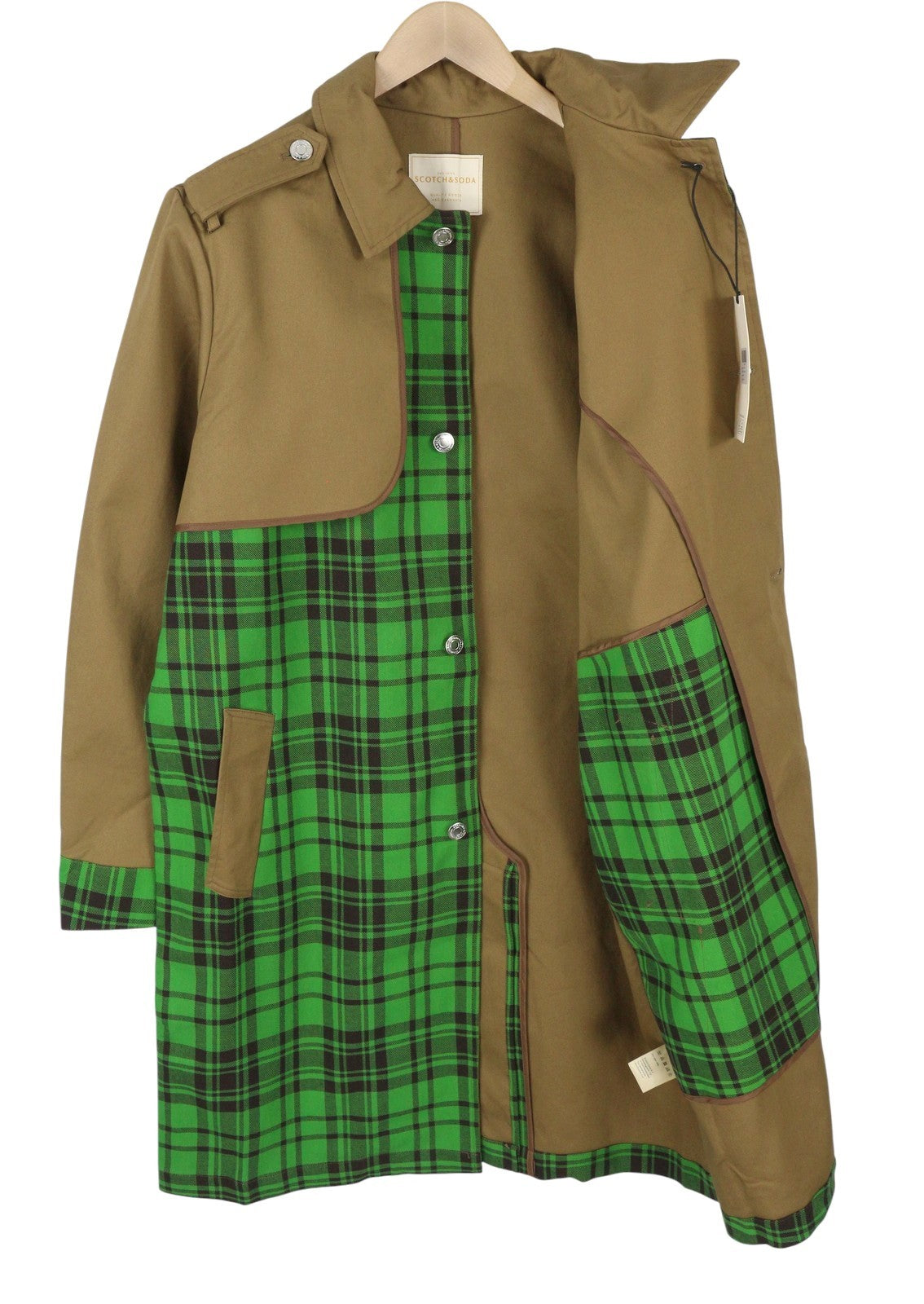SCOTCH & SODA Men Coat M Green Check Printed Mid-Length Trench RRP349