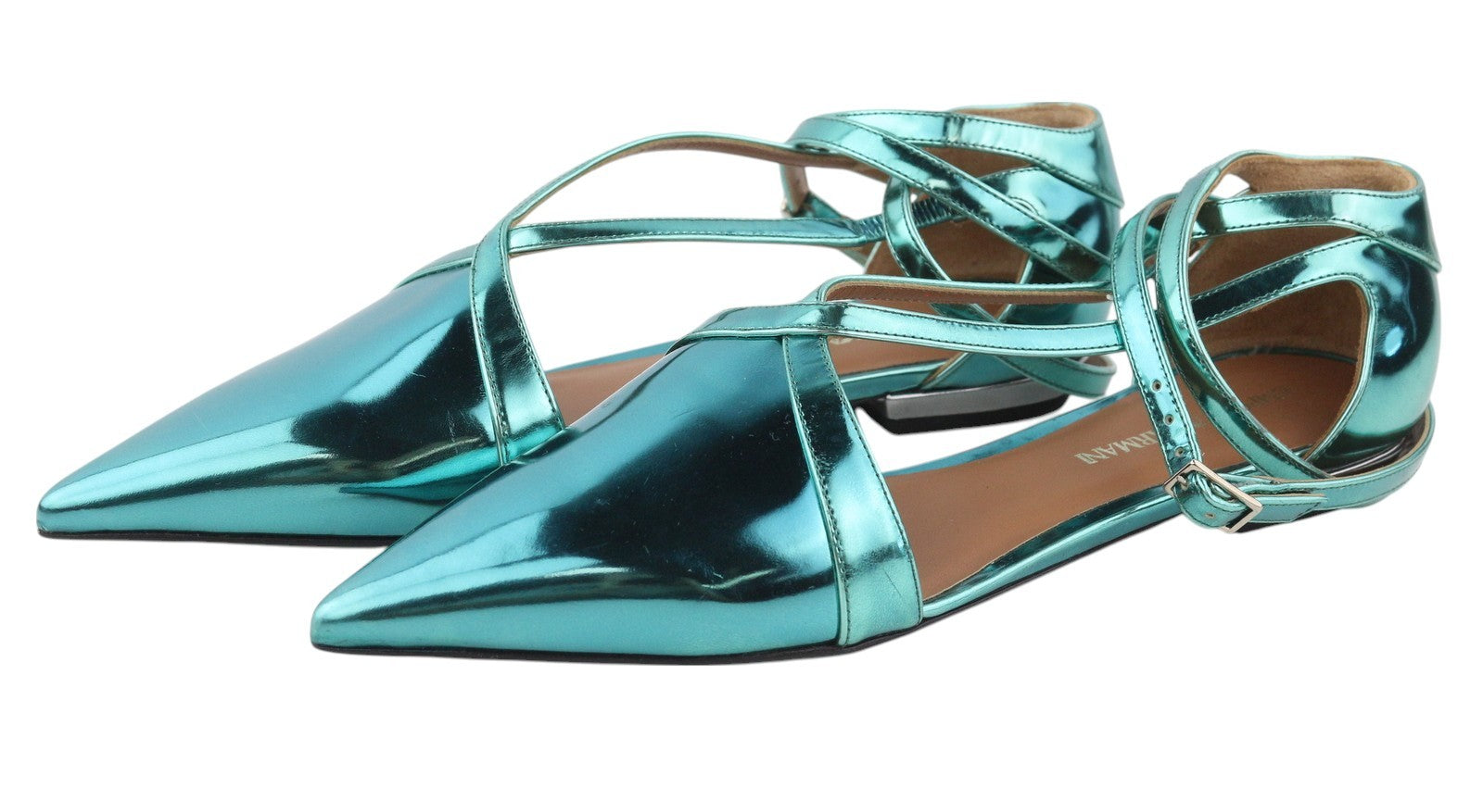 EMPORIO ARMANI Women Flats EU37 Blue Shiny Leather Strap Sandals