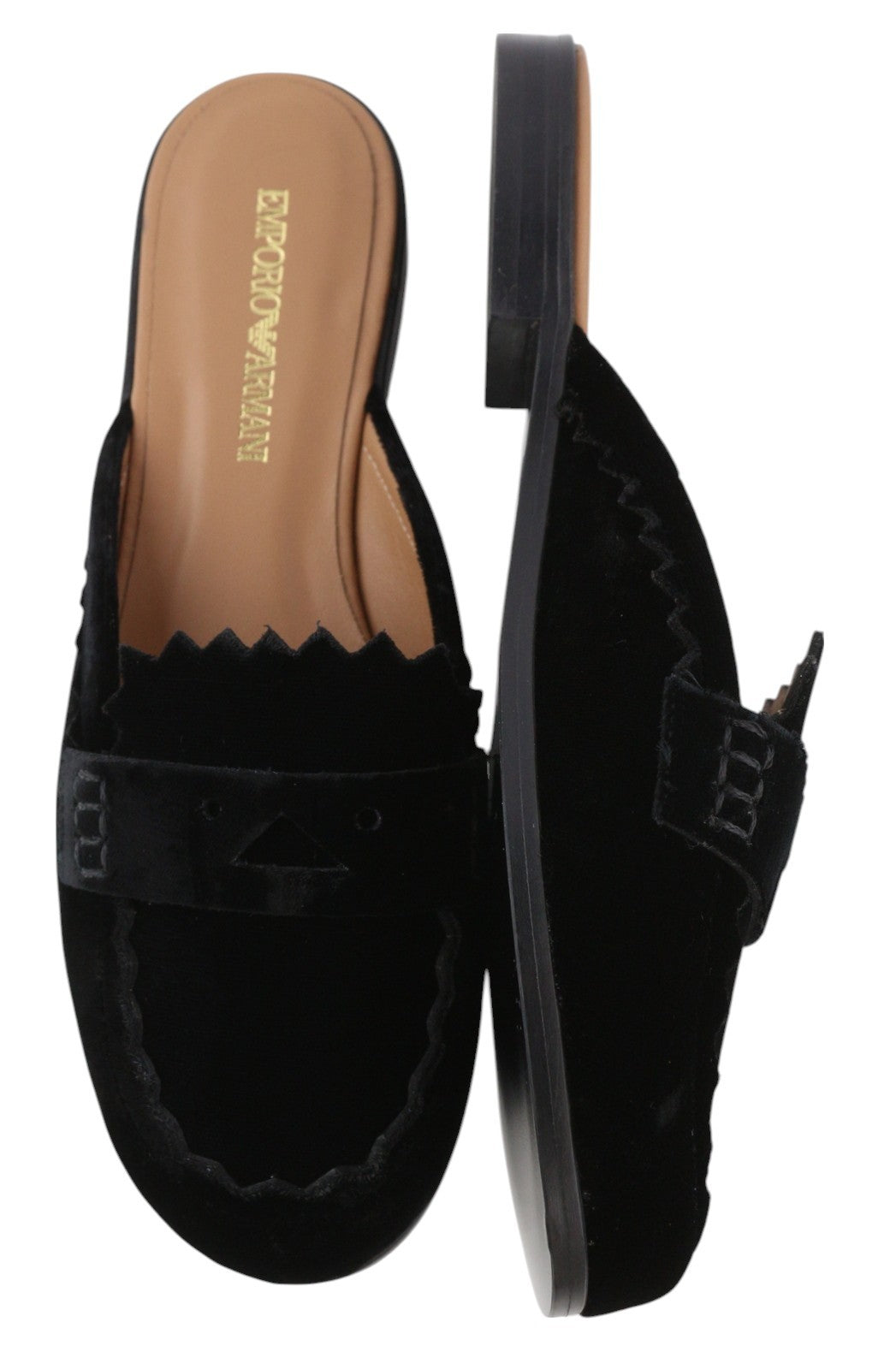 EMPORIO ARMANI X3A068 Women Flats EU37 Black Velvet Slip On Mule Sandals