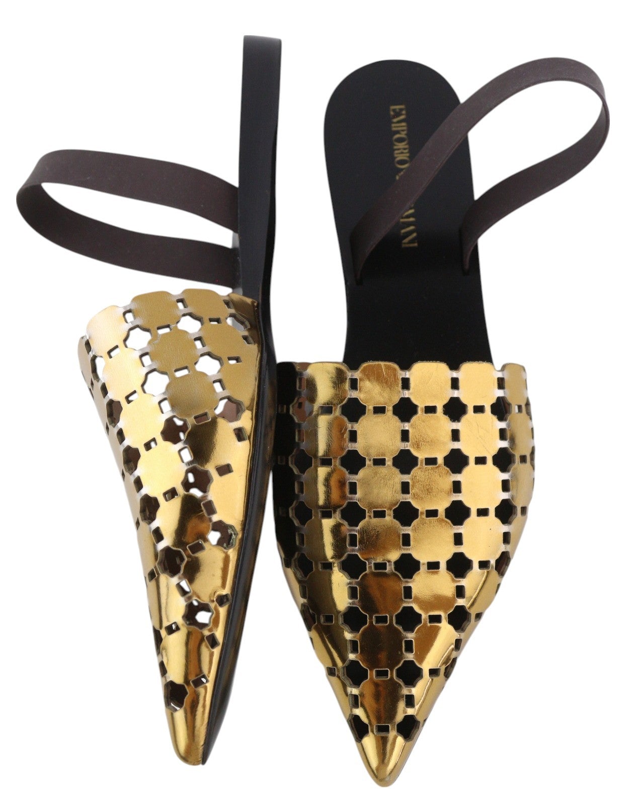 EMPORIO ARMANI X3D255 Women Flats EU37 Gold Shiny Slip On Pointed Toe