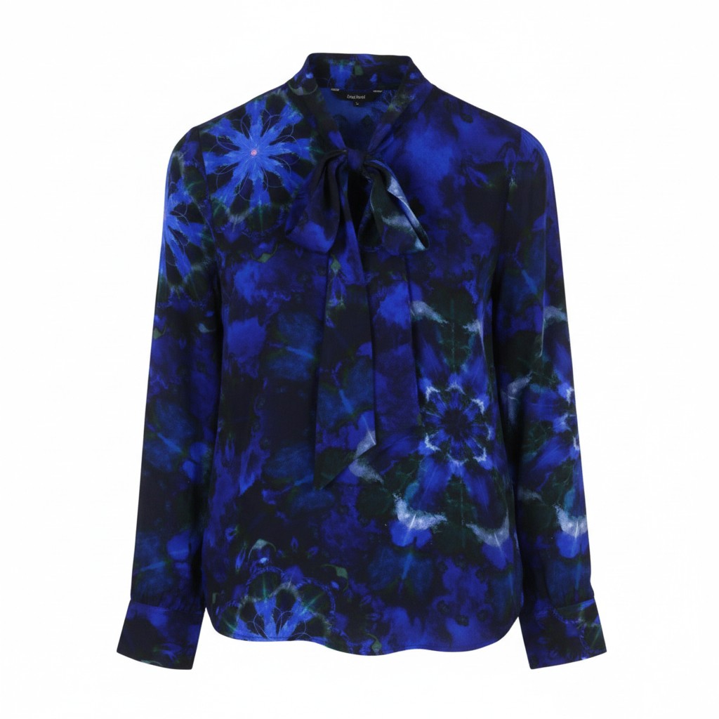 DESIGUAL Kency Women Blouse M Blue Tie-Dye Pattern Bow Tie Collar Long Sleeve
